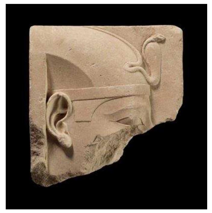 Figure 42. Limestone trial piece or sculptor's model depicting the pharaoh’s head in relief, 4th—-early 3rd century BC. Museum of Fine Arts, Boston, 88.732. Photograph © Museum of Fine Arts, Boston. 
