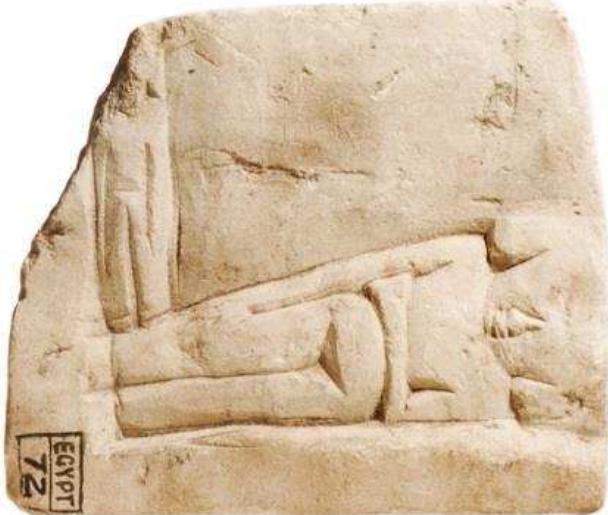 Figure 44. Limestone relief of reclining woman with child standing by her feet, from the town area of Naukratis, c. 6th—5th century BC. Bolton Museum, 1966.88.A. Photograph © Bolton Library and Museum Service.  Figure 43. Limestone ithyphallic figure of naked youth with side-lock, probably Harpocrates (Horus), 4th—-3rd century BC. Fitzwilliam Museum, Cambridge, E.85.1914. Photograph © Fitzwilliam Museum, University of Cambridge. 