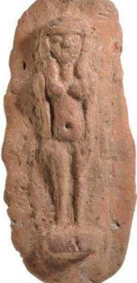 Local Egyptian figurines appear at Naukratis throughout the site’s history, from the Late Period (664-332 BC), to which nearly a third of the overall 1,000 plus extant figurines can be dated, through to the Macedonian and Ptolemaic periods (332-30 BC) into the Roman period, at which point numbers drop significantly. Late Period figurines comprise a range of types often similar to limestone representations. Particularly common are figurines of ithyphallic Harpokrates and plaques depicting nude women, often standing in a shrine and probably associated with Isis-Hathor (Fig. 46); they seem to be linked with notions of fertility, the inundation festival and possibly also ‘magical’ rites, and are often found (as also elsewhere) ir religious and domestic contexts. 