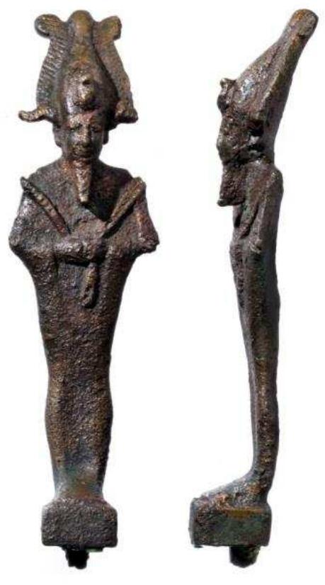 2.10. Egyptian bronzes and other votive offerings  Figure 52. Bronze figure of Osiris, Late Period (664— 332BC), from Naukratis. University of Pennsylvania Museum of Archaeology & Anthropology, Philadelphia, E139B. Photograph © Courtesy of the Penn Museum.  27 Masson forthcoming b. Included in the recent study of Late Period bronze figures by Weiss 2012 are 121 examples of these finds.  The most prominent types are gorgoneia of the ‘beautiful’ Classical type, occasionally with wings attached to the head, as well as griffins, winged lions, boukrania and rosettes.  Figure 51. Locally produced relief of Gorgon’s head for attachment to a wooden coffin, c. 332-250BC probably from the cemetery at Naukratis. Birmingham City Museum and Art Gallery, 1888A200.2. Photograph © Birmingham Museums Trust. 