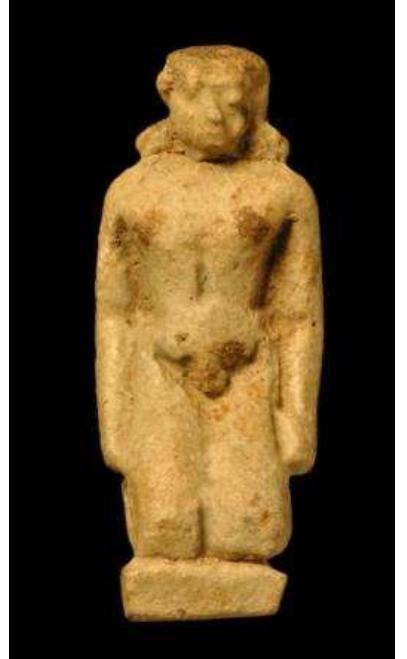 Figure 56 Faience figure of a kneeling man, from the sanctuary of Apollo, possibly produced at Naukratis, early 6th century BC. British Museum, EA58307. 