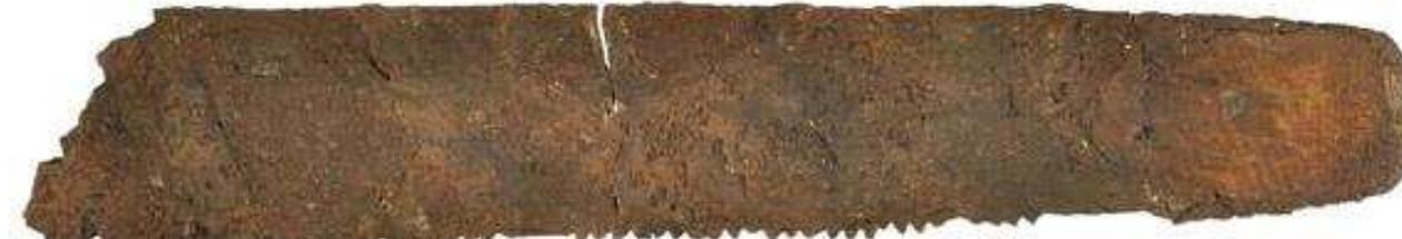 Tools and implements make up a substantial, if highly diverse category of the finds from Naukratis. Many preserved examples are bronze, but iron would have been more prominent if many iron finds made by Petrie and brought to London had not apparently been disposed of by the British Museum upon receipt (see the discussion of the finds and their dispersal). Various bronze and especially iron tools for agricultural and craft activities — including saws (Fig. 68), chisels, sickles, hoes, picks and scrapers — were found across the site; according to Petrie (1886a, 39 with pl. 11) these were frequent particularly in the lowest levels of the town, alongside iron slag and specular iron ore, suggesting local production. 