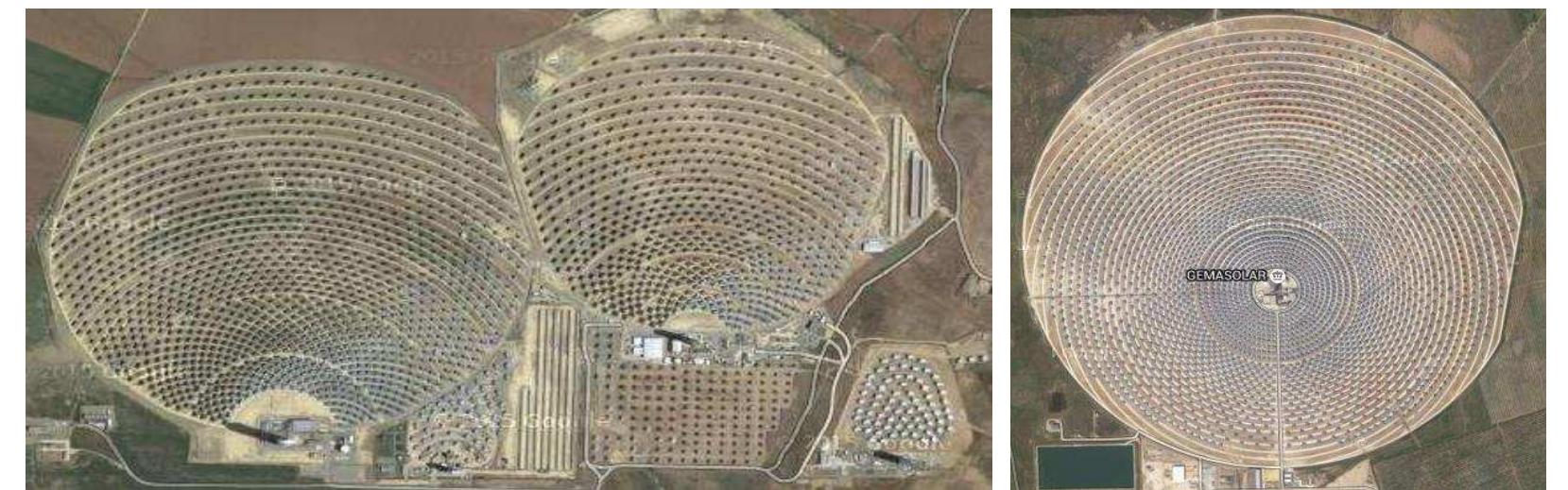 Figure 2.2: A north field used in PS-10 and PS-20 plants (Left) and a surround field used in the Gemasolar plant (Right) (Google Images, 2016). 