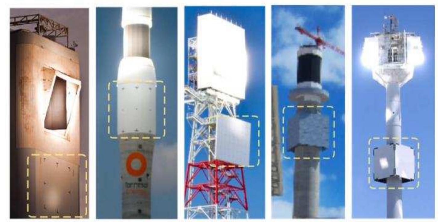 Figure 2.4: Different towers with their calibration target (Malan, 2014)  The tower also holds the piping system with proper insulation, which is essential to carry the HTF from the top of the tower and back. This ensures that heat losses by conduction from the tower and convection from the pipes to the surroundings are kept to a minimum. The tower must also be designed keeping in mind the costs (costs rise exponentially with the height of the tower); the shadow the tower casts on the heliostat field during operation and the landscape of the surroundings. 