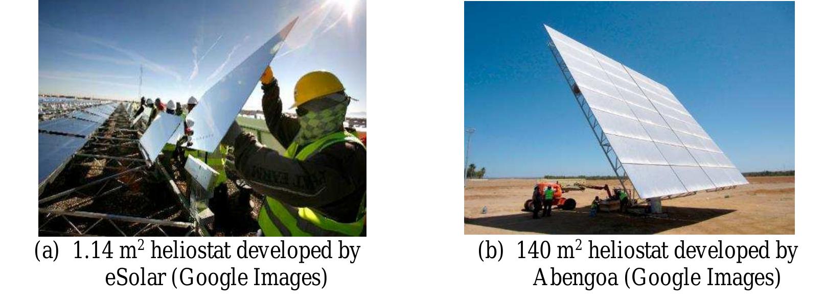 Figure 3.2: Variations in heliostat sizes offered by eSolar (a) and A bengoa (b)  inexpensive linear electric actuators can be used to reduce costs (Buck et al., 2010).  According to Kolb et al. (2007) and as cited by Landman and Gauché (2014), smaller heliostats with higher costs per unit area, but with better optical efficiencies result in the same LCOE values due to the lower tower height, area of the receiver and the number of heliostats. Another advantage with smaller heliostats is that relatively inexpensive linear electric actuators can be used to reduce costs (Buck et al., 2010). 