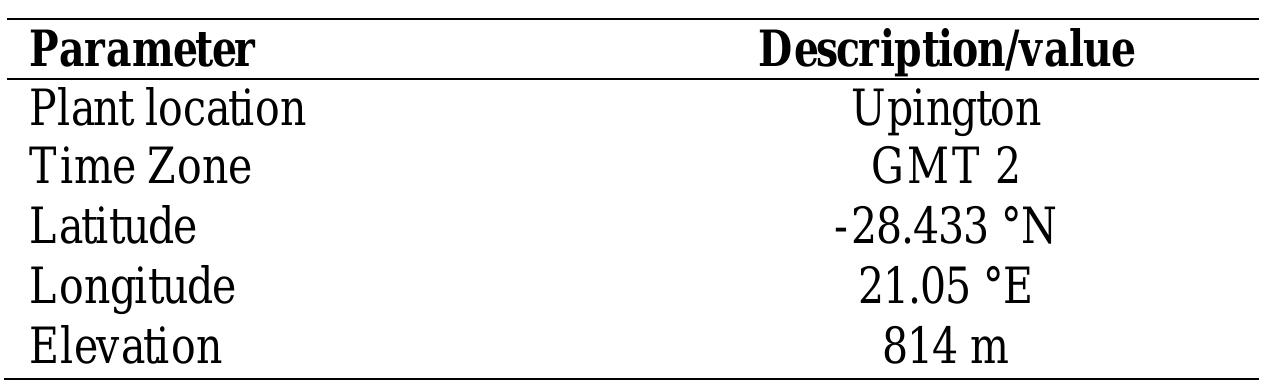 Table 6.1: Details of plant location in the Northern Cape Province  \ part from the location, the atmospheric conditions also play an important role in the yeneration of a heliostat field layout. A sunshape model, insolation model and the itmospheric attenuation model must be defined. A large number of sunshape models xist and a suitable one must be chosen for the model. An insolation model based on he position of the sun is helpful and helps in determining the DNI and other weather lata during the layout simulation and must therefore be defined. An atmospheric ittenuation model must then be defined to obtain the fraction of energy lost from each 1eliostat due to atmospheric scattering.  surround field. The latitude of the plant is quite significant in determining this ratio and gives an indication about which side of the field has a higher field density. Error! R eference source not found. summarizes the important details for the plant location. 