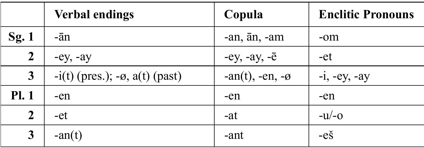 Koroshi has three strategies in using possessive pronouns: (1) With freestand- ing pronouns, e.g., 7 bozobar ma:ni/asaniceyn “these goats are (lit. is) mine/theirs”. (2) With enclitic pronouns, e.g., ketab-ay “his book”. (3) Combining both the Balochi and Persian strategies:  Table 3. Verbal Endings, Copula, and Pronominal Suffixes 