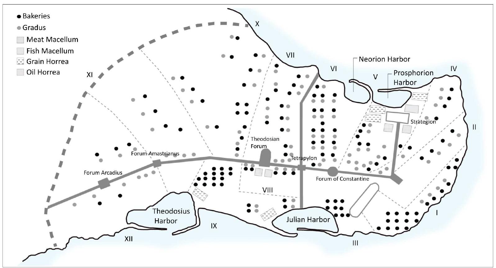 Figure 2. Commercial buildings of Constantinople in the 6th century according to Notitia Urbis Constantinopolitanae (image reproduced by the author on the basis of the study of Mundell Mango, 2000, fig. 4)  medieval Constantinople.  As can be seen in Figure 2, the commercial structures were situated near the ports as suitable for their functions. The food requirement of the city was supplied by maritime commerce, so the storage facilities such as grain and oil horrea, were located very close to harbors. Neorion and Prosphorion Harbors on the Golden Horn were the oldest harbors of Constantinople. However, the Emperors Julian (361-363) and Theodosius | (370-395) established each a new harbor on the shore of the Sea of Marmara; that of Theodosius was positioned on a deeper inlet than the former (Miller-Wiener, 1998, pp. 7-8). As a result of these maritime trading activities, commercial areas were mainly developed near and between the harbors and progressively created the commercial fabric of the city. The fora and stoai was the centre of commerce, and the surrounding structures comprised other buildings supporting commercial activities. 