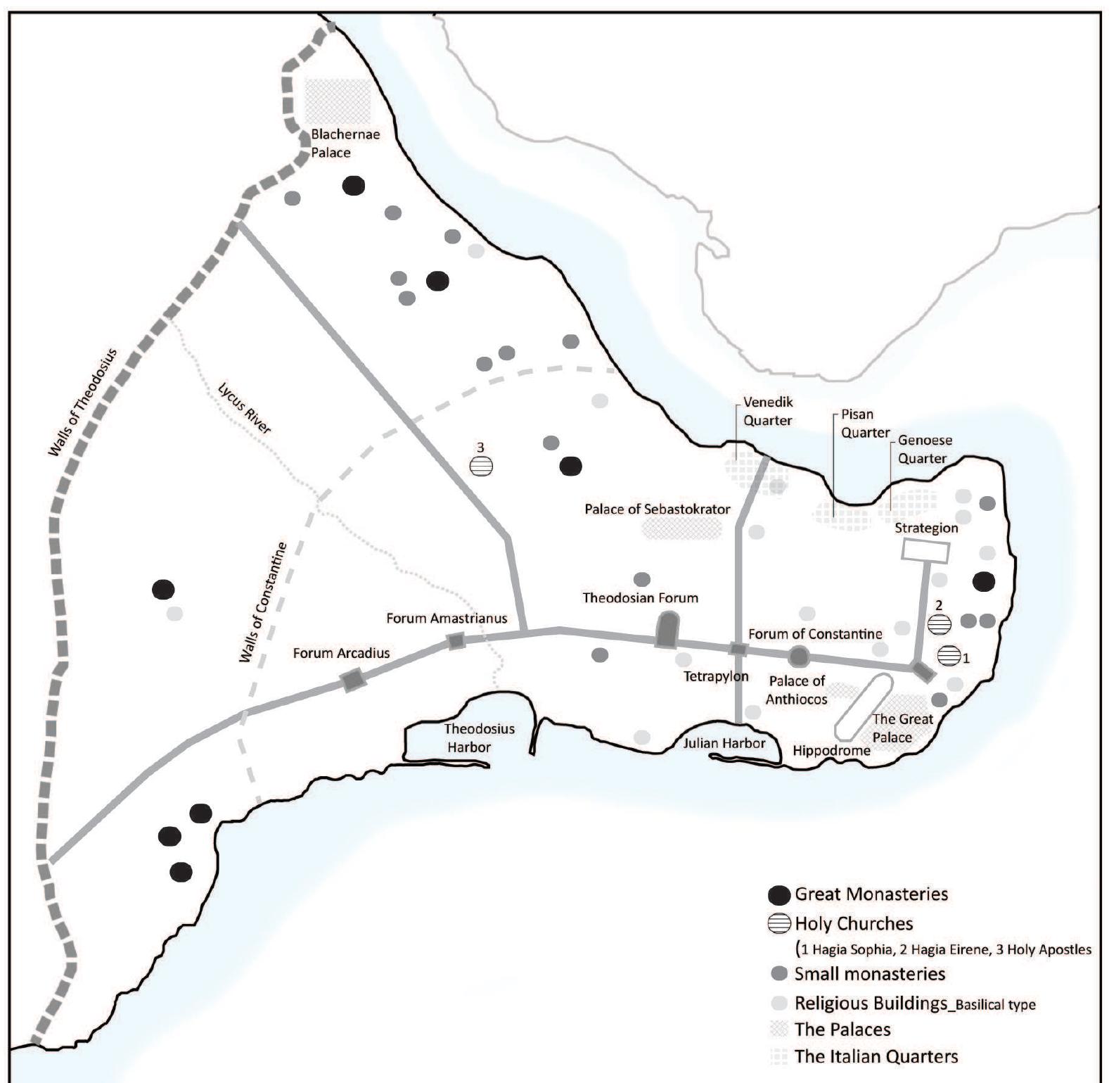 Figure 3. Topography of Medieval Constantinople, with the city walls, main arteries, religious buildings (monasteries and churches) and palaces (image compiled by the author from the studies and data of Paul Magdalino, 2007 and Wolfgang Miuller-Wiener, 2001) 