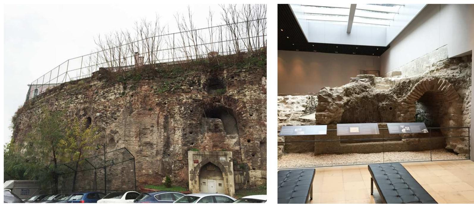 after this identitication, well qualitied experts will be needed to study and analyze tne cultural heritage sites and guarantee sustainable conservation policies and their implementation. Analyzing the current situation of the Byzantine cultural heritage in today’s Istanbul is important to determine how this heritage can be perceived and identified as a unique and valuable component in this multi-layered and metropolitan city. While investigating the representation of the Byzantine cultural heritage in Turkey, a few examples should be mentioned to illustrate and understand the attitude towards and types of interpretation that currently abound regarding the awareness of the heritage of this period. After the conquest of Constantinople by Mehmet II, the Ottoman Empire absorbed Byzantine culture in terms of its architectural heritage and social structure (Ousterhout, 1995, p. 60). Some of the Ottoman structures were built upon their Byzantine predecessors, with Damat Ibrahim Pasa Palace being an example of this group. The palace was constructed over the foundation of the Hippodrome at the beginning of the 16" century (Muller-Wiener, 2001, p. 492). The Damat Ibrahim Pasa Palace still survives in the Sultanahmet Square, and recently, a small section of the Hippodrome has been opened to visitors after its excavation. This is a welcome progress in revealing the Byzantine character of the city, even if just on a single building scale at present. It is known that, in this area, the old hippodrome/today’s Sultanahmet Square, with the surrounding buildings, and even beyond this area, there were other Byzantine structures underground or under the Ottoman buildings (Muller-Wiener, 2001). The presentation of these structures from an objective point of view is an important attempt to emphasize and strengthen the rich historic character of the city. The Pantokrator complex, built as a monastery during the reign of John Il Comnenos (1118-43), later converted into the Zeyrek Camii, was restored in respect to its original context, with the conservation of all historical layers of the building (Ahunbay and Ahunbay, 2001, p. 121). Considering the past, the authentic and significant aspects of this representative example of the Monastic period of Constantinople, such as its construction technique and materials and spatial organization, are crucial in maintaining historic continuity and sustain the link between its current existence and its original qualities.   Figure 4. Hippodrome wall under the Sultanahmet Industry High School and the remains of the Hippodrome in the Damat Ibrahim Pasa Palace at Sultanahmet Square (Photo: S. N. Akgiin, July 2015) 