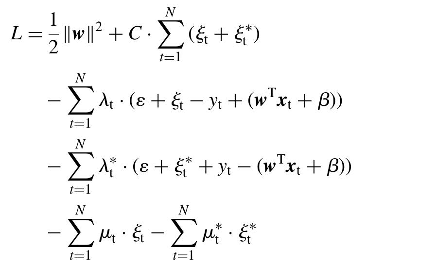 At the optimal point Karush—Kuhn—Tucker (KKT) conditions impose that the partial derivatives of L with respect to the primal variables (w, B, &, &) equal zero:  We can easily construct the Lagrangean function of the primal problem by bringing all constraints into the objec- tive function with the use of appropriately defined Lagrange multipliers 44, AS b, we as follows: 