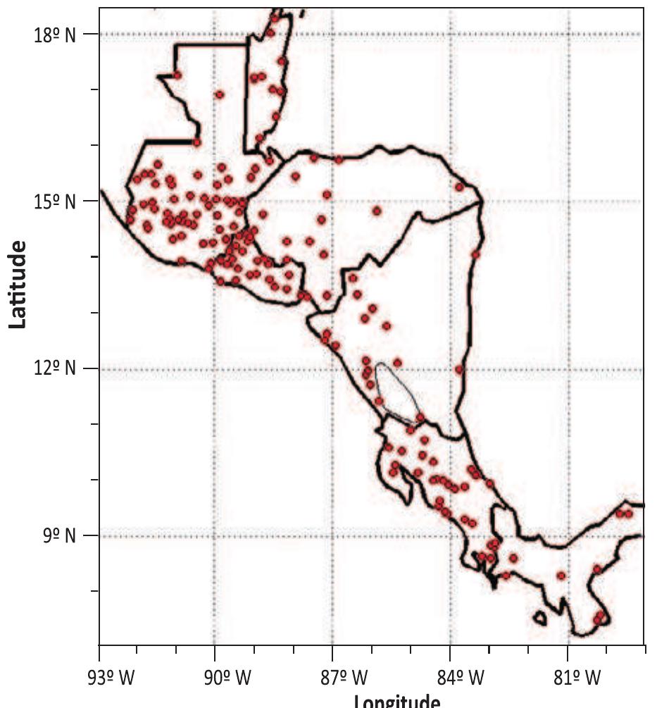 Location of the rain gauge stations used (red dots). from