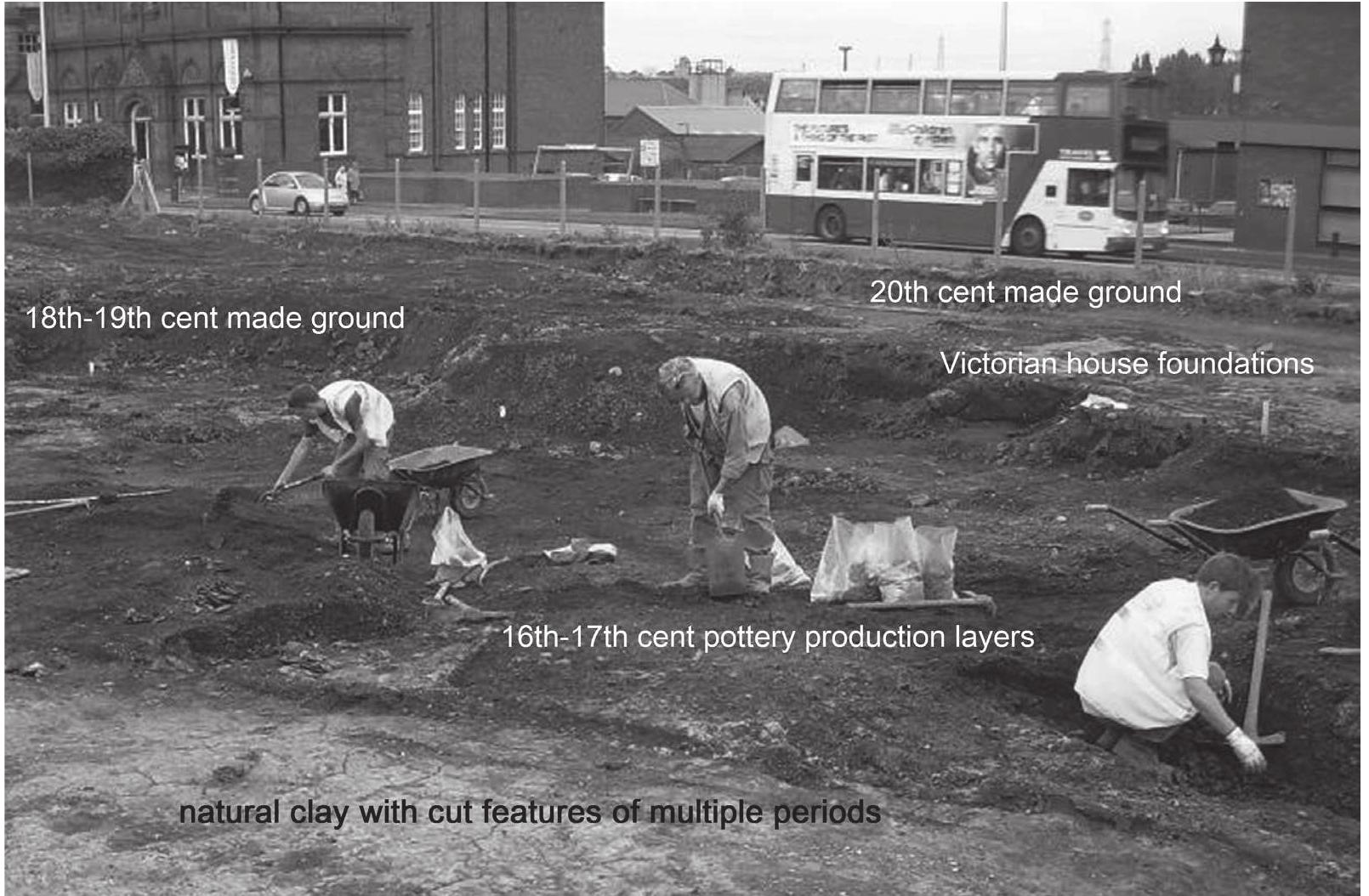 SER GALL SOE VYTIVLTIEEL ALI YE ALERT Lo GALI LEGAL ULLOe  Figure 14.1 sets the scene for the narrative which follows. It shows the early stages of excavation. Foundations of a row of terraced houses with deep cellars had already een recorded running alongside the road. These houses had been built on top of a substantial layer of 18th-19th century made ground, consisting mainly of dumps of ash and other waste material from a nearby forge, extending across the whole site. t became apparent that the slope of the ground was once much steeper than it is ‘oday, and that the ground had been heavily made up with imported material to make 