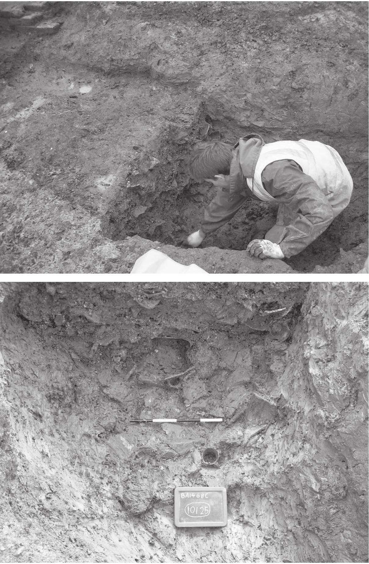 Fig. 14.3: Top: Investigation of what seemed at first to be a waster pit, but which turned out on excavation to be part of a larger linear feature. Bottom: pottery wasters in fill (photo: M. Edgeworth). 