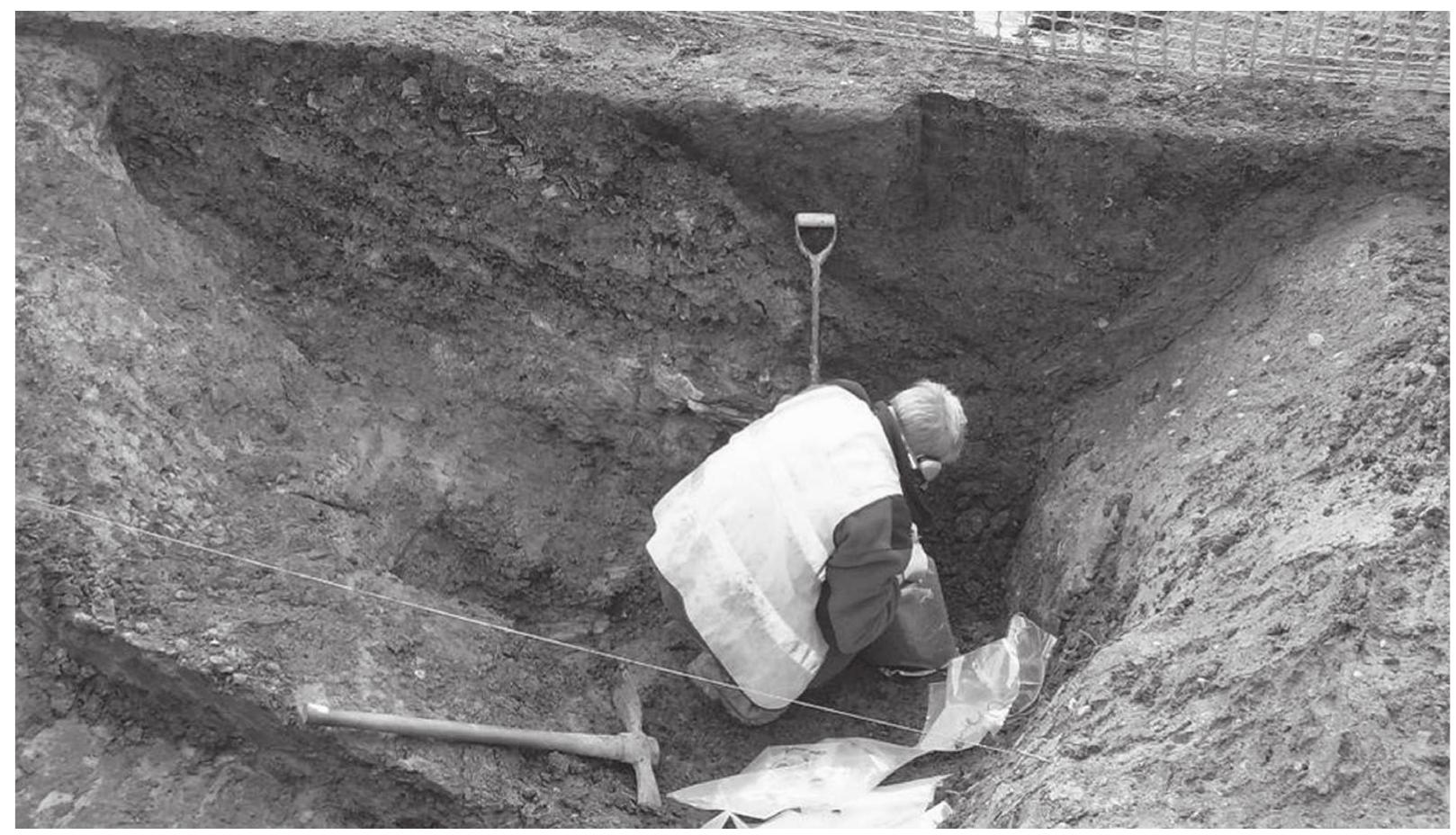 could be refined to the right consistency in a varie An artificial, sudden drop in level, with the base o had been created within this large pool. It became apparent  by a near-vertical face, that in fact there was a  Bs  series of such descending  ef  ty of clay preparation processes.  f the feature on either side joined  evels or steps, regularly spaced,  along the course of the watercourse as a whole. One of these drops had already been  found at the upper end larger water manageme  of the long oval feature,  to become clear that a  though its function as part of a  nt system was not recognised at the time. It was beginning high degree of control had been exercised over the flow of  water running down through the ditch. In all probability the artificial drops in level would have been associated with small sluice-gates, where flow could be turned on or off or otherwise closely regulated.  What we later realised is that the watercourse was actually a former town boundary  te, Ft «at “a Tide ‘- 1 1  ald a | 1  P eee 1 1 iz 1 