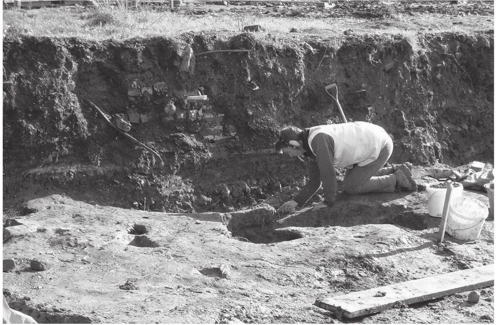 SELAaLealivo  places by by the tre compacte kely to  ground u  this burnt  oe ELPE OATES SUED LUE OLLALE SIU D LUE MEALS WEEE ELIS ULL PLC CUE LIERU Ath uti  of pottery that were coming from the bulk of the ditch-fills. Just 8 m from the edge of the largest pool of the boundary ditch, traces of a pottery kiln survived as a roughly circular area about 3 m wide, though heavily disturbed in  modern pitting, and with half of the feature inaccessible because bisected nch edge. The footprint of the kiln was formed in part by two very hard and d burnt clay natural layers, forming a saucer-shaped depression or hollow have been formed by successive rakings-out of the kiln after each firing.  i These were not archaeological deposits as such: rather they formed the base of firm  pon which the kiln was constructed. The bright red and orange colours of ground were caused by intense heat from the firing processes taking place  in the kiln above. The hollow was filled by a layer of sandy silt and ash mixed with many fragments of broken pottery. This was probably part of the debris from the  very last  firing of the kiln, which was never raked out. Figure 14.7 shows the kiln in  section w.  hile the visible half of it was being excavated.  Between the kiln and the ditch was a light greenish-grey silty clay layer containing  1}...  ey a eS cn : : CE 0  , coe i ie Cn rie ee a: rs ee cr ae 