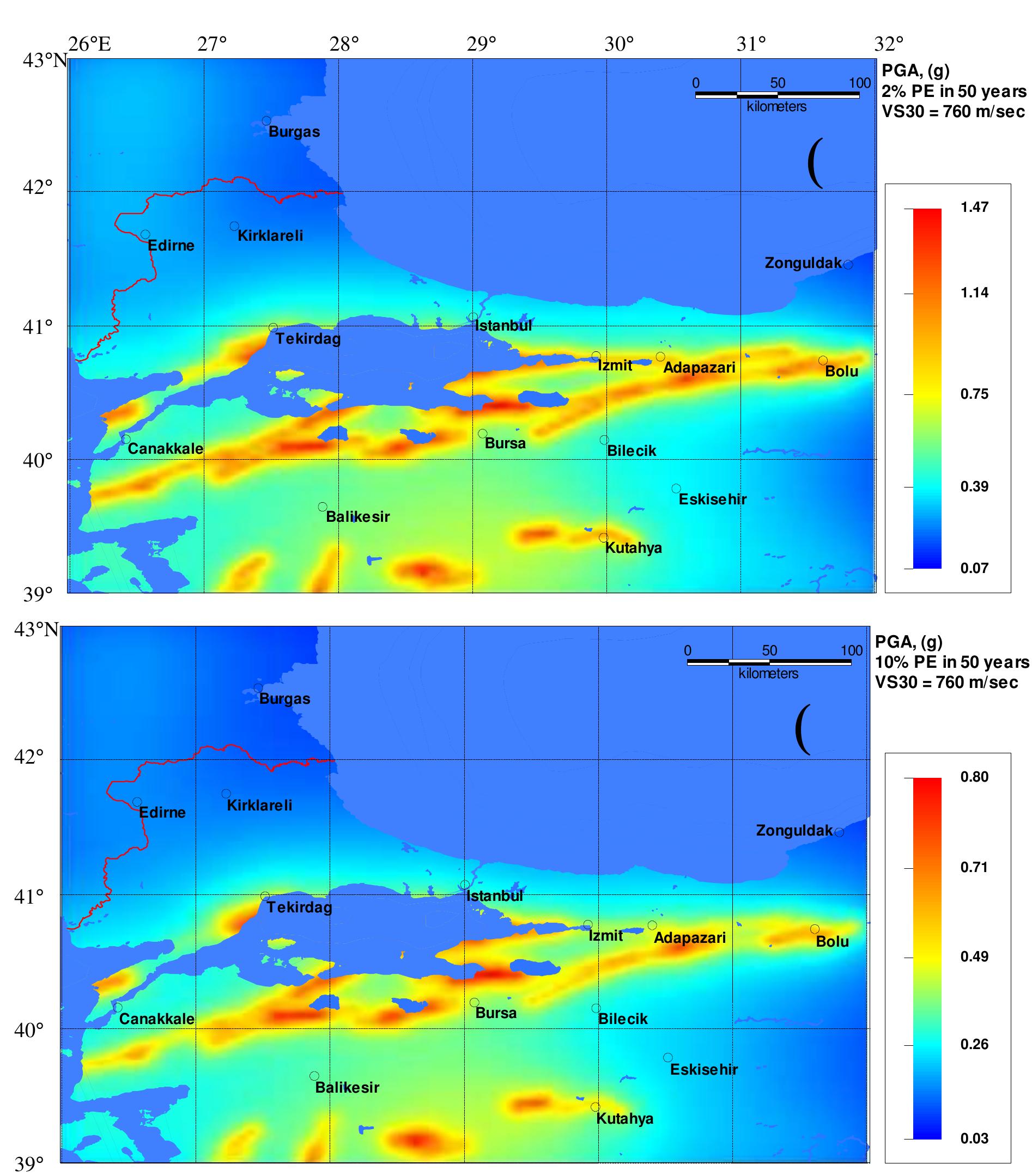Seismic hazard map of the marmara region for peak ground