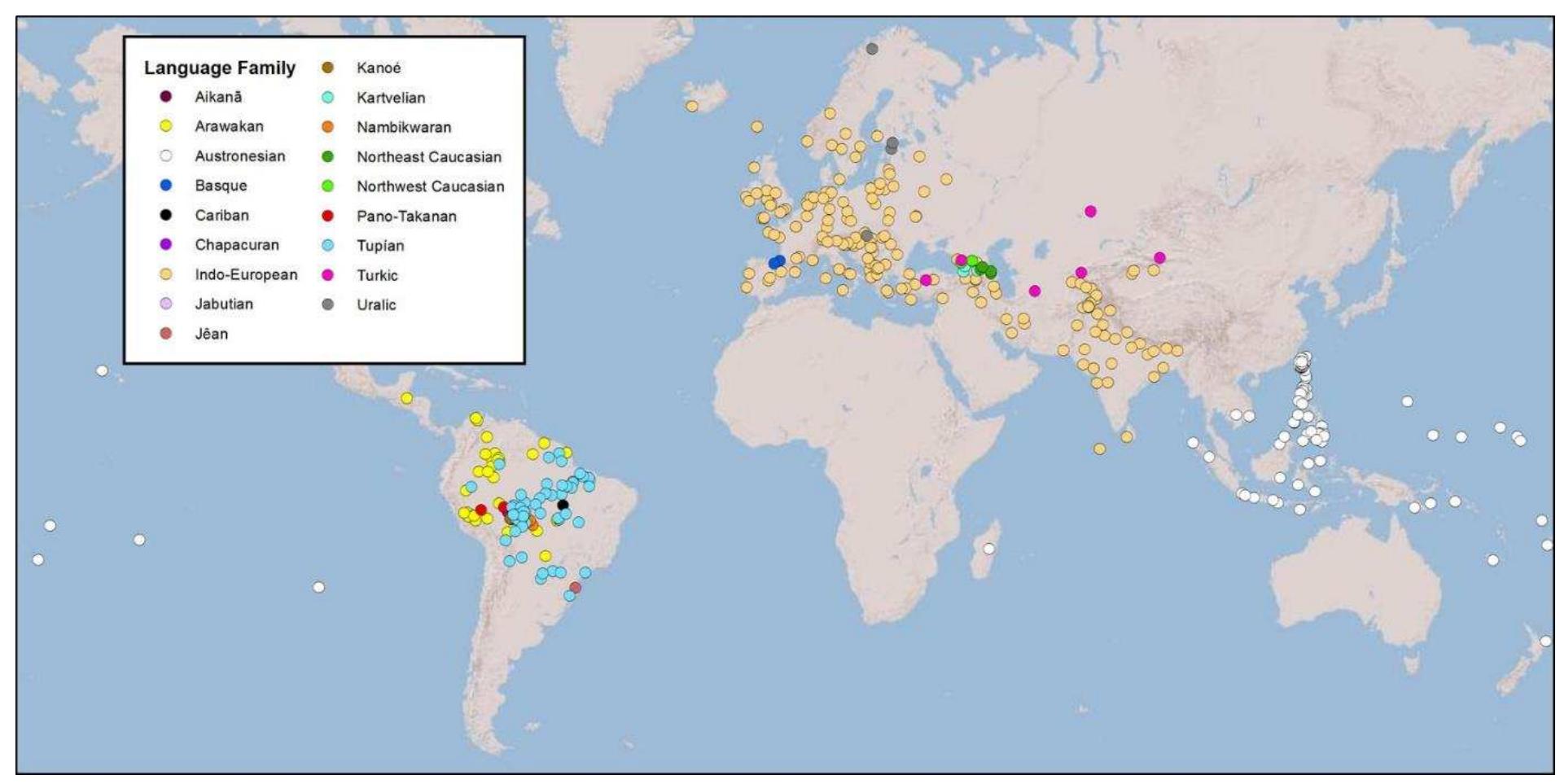 (see fig. 1). The most im  portant family, with the largest data coverage and granularity, is the Indo-  European family of Eurasia, since Indo-European has the richest availability and reliability when it comes to comparative linguistic and historical sources. The Indo-European family has served as a model  when the principles of d  atabase design and data character coding have been developed. For the  Amazonian and Pacific areas, data sets contain fewer languages and more restricted number of features,  and naturally, no historical have currently restricted  ly attested languages are available. Other families, such as Uralic, and Turkic, number of languages, but complete feature sets. All over, languages are  organized into phylogenetic tree topologies, and reconstructed states at various levels (e.g., Proto-Tupi, Proto-A rawak, Proto-Indo-European, Proto-Slavic) are defined and filled with reconstructed forms, if available or else reconstructable.  Figure 1. Overview of languages, organized into families, with data in the database 