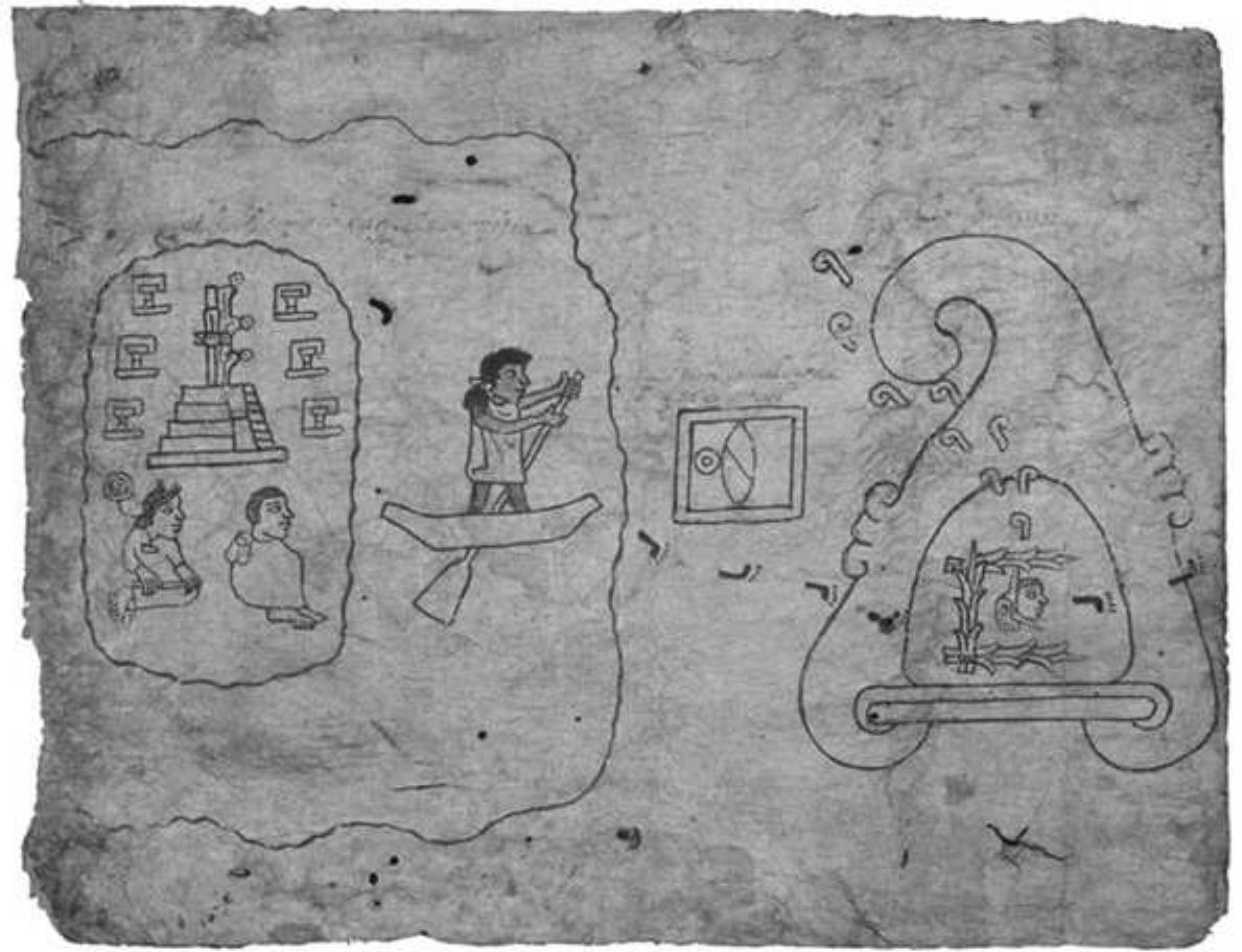 Figure 2.2 The departure from Aztlan, Codex Boturini, plate 1  The image in figure 2.2 represents the action with certain details that might be omitted in an eventual ‘reading’ of the pictorial text. Although a verbal text can be extracted from the picture, the pictography is designed to be seen. There is a direct impression of forms in the mind of the onlooker. In the first plate of the Codex Boturini, besides the departure from Aztlan (the island) and the depiction of Colhuacan (mountains with a cave inside), the picture generates a metaphorical impression of birth and gestation through forms (spiral) and the symbolism of the components (island, water, cave, etc.). 