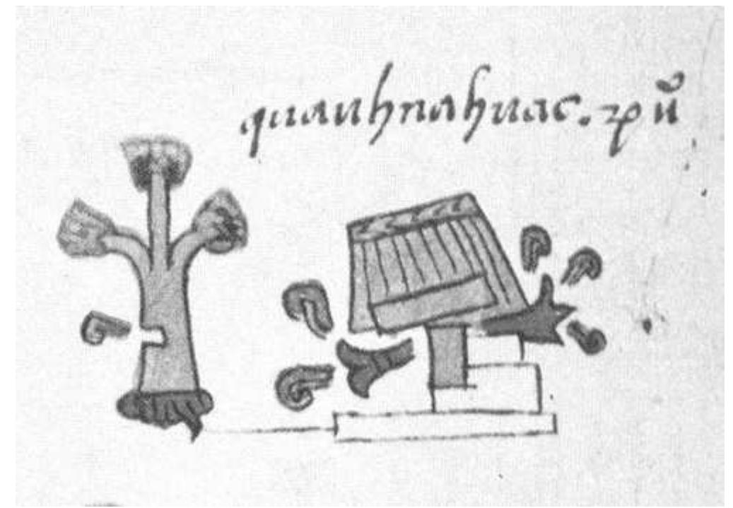Figure 2.8 Toponymic glyph and pictorial expression of the conquest of Cuauhnahuac, Codex Mendoza, plate 2  In some cases, proper names could have been painted using a partial rebus-like phonetic relation between the picture and the name. 