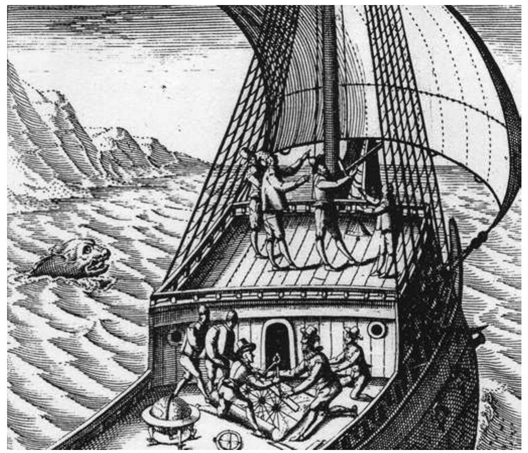 Figure 5.1 Measuring the height of the sun with the help of the Jacob’s staff. Thomas Hood, Gebruyck vande Zeecarte geschreven (Amsterdam: Claesz, 1602) 