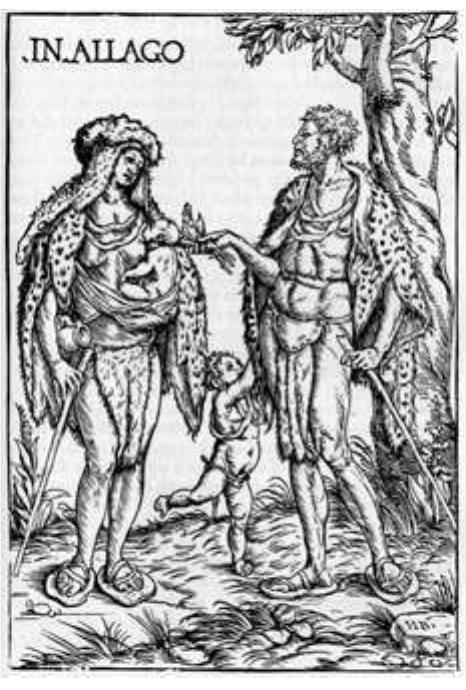 There was a long-standing belief, inherited from both biblical authority and classical writers, that there had once been a state of paradise on earth, of innocent harmony of man with nature. The image of Adam and Eve in naked purity haunted the European imagination, and it was seriously believed that an earthly paradise might well exist at the southern ends of the earth. Following Dante's authority, which had placed the terrestrial paradise on the summit of the island of Purgatory in the far south, some writers began to identify the top of Table Mountain with paradise. Aluigi de Giovanni did so in 1543, and in 1588 Livio Sanuto wrote the following: ‘Upon the top of this promontory [Table Mountain] Nature ... hath formed here a great plain, pleasant in situation, which with the fragrant herbs, variety of flowers, and flourishing verdure of all things, seems a terrestrial paradise.”® Associated with this belief was the idea that the primitive or wild people who lived in this state of nature might not be so monstrous after all and, in fact, might be closer than more civilised races to a state of unfallen innocence. This idea, which would find its full expression in the concept of the ‘noble savage’ during the 18th century, existed uneasily alongside that of the ‘ignoble savage’. The inherent tensions between these conflicting views of savagery are clearly seen in some of the early visual representations of the Khoikhoi. European artists who used woodcut or etching to create and reproduce images had often not been to the Cape themselves. They therefore used a set of stock images of ‘savages’ or ‘noble savages’ to illustrate travel reports from southern Africa.  Figure 8.1 ‘In Allago’, woodcut by Hans Burgkmair, from Giovanni Botero, Le Relationi Universali (1618) 