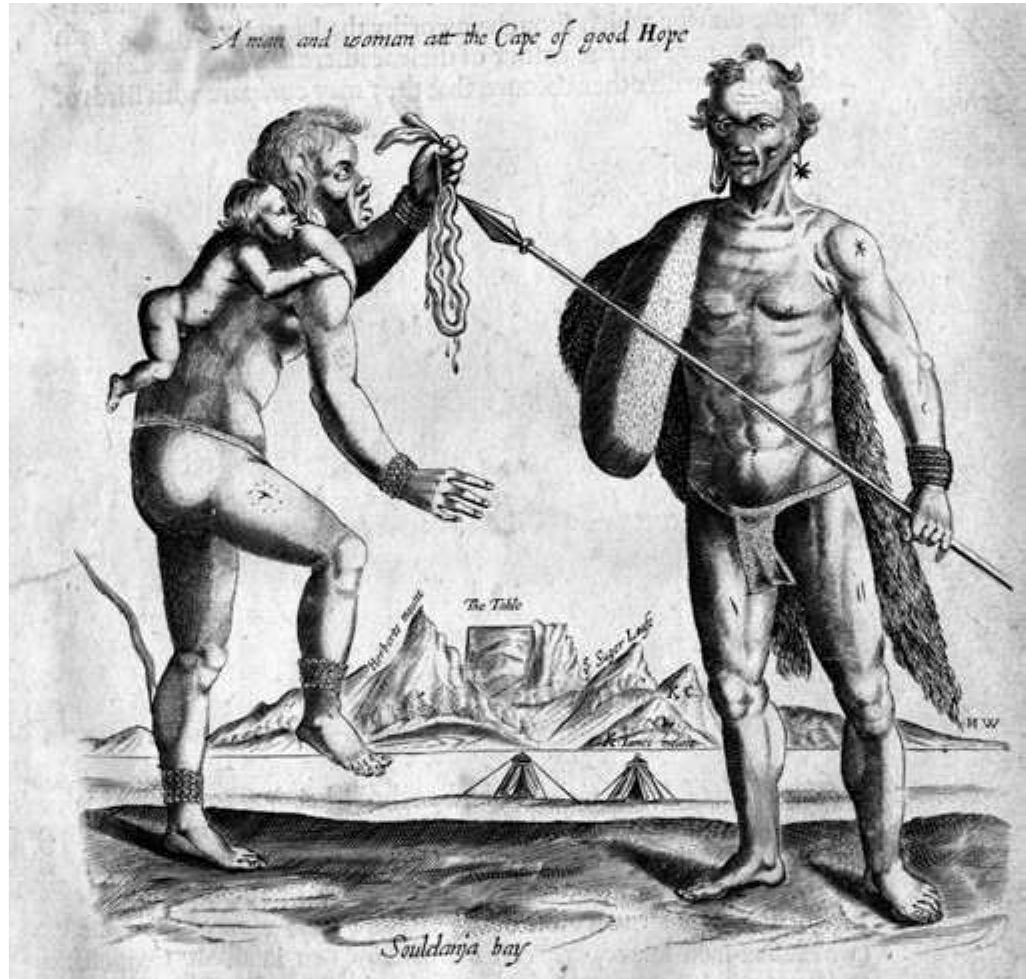 Figure 8.2 ‘Man and Woman at the Cape of Good Hope’, from Sir Thomas Herbert, A relation of some yeares travaile, begvnne anno 1626: into Africa and the greater Asia, especially the territories of the Persian monarchie (London: William Stansby & Jacob Bloome, 1634)  It was only in 1627, with the illustration that accompanied Herbert's 