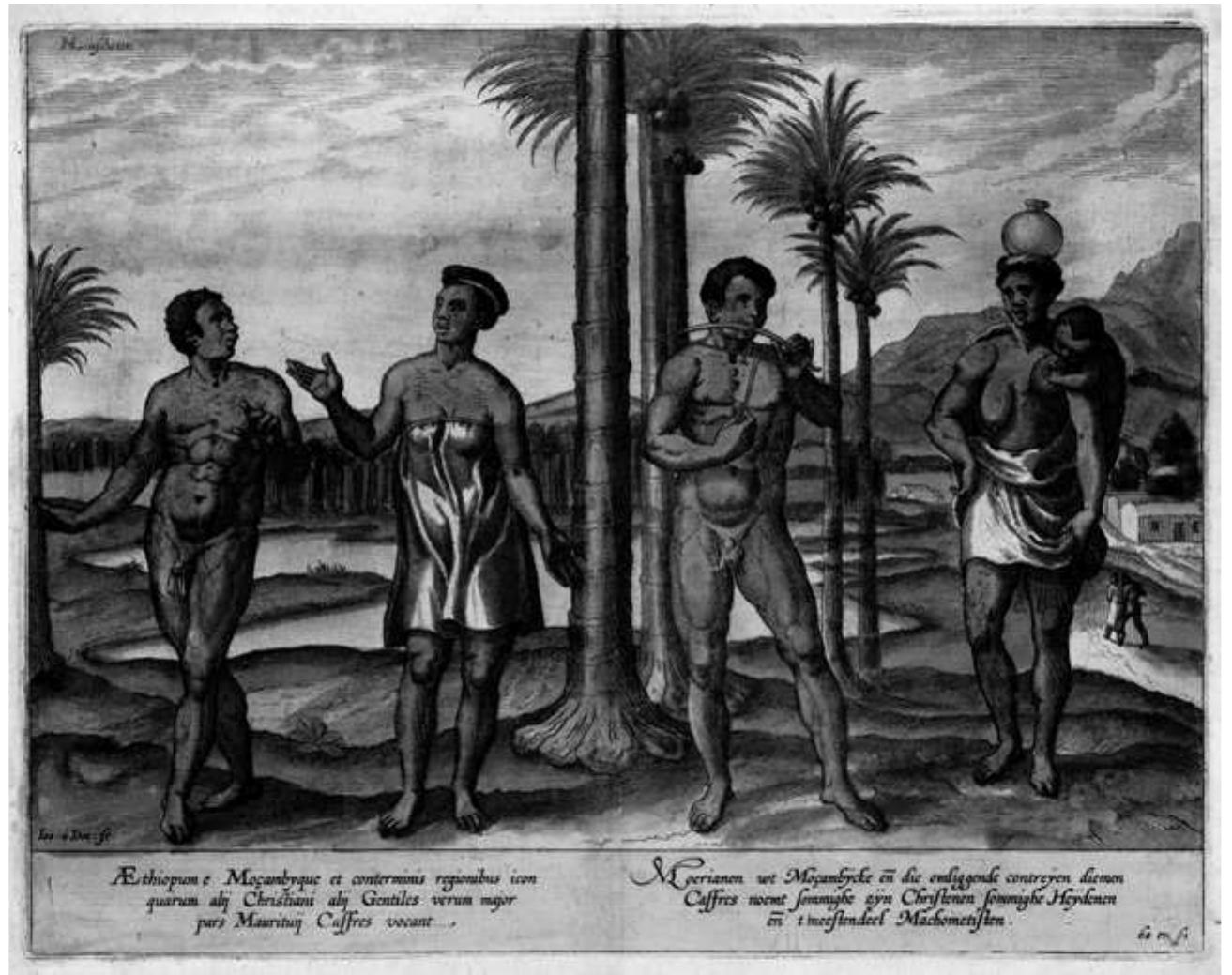 shortened and her countenance given a freakish simian cast as she skips up with a handful of bleeding entrails, her mouth open in enthusiastic ululation.”° Notably, too, her ‘uberous dugg’ is stretched over her shoulder to feed her infant. ‘In the chain of being that proposes the Hottentot as the “missing link” between the human and the animal realms,’ continues Strother, ‘it is the Hottentot woman who serves as the truly transitional figure between man and ape.”  Figure 8.3 ‘Moors from Mozambique’, plate from Jan Huygen van Linschoten, Itinerario (1599)  the “missing link” between the human and the animal realms, continues 