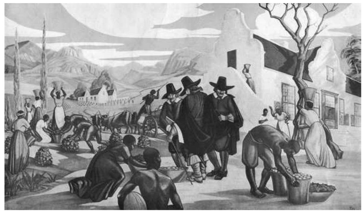 Figure 9.3 Reconstruction by the mural artist Jan Juta, showing Willem Adriaan van der Stel at Vergelegen in the company of other Dutch and of black slaves (South Africa House, London, circa 1930, original in colour). 