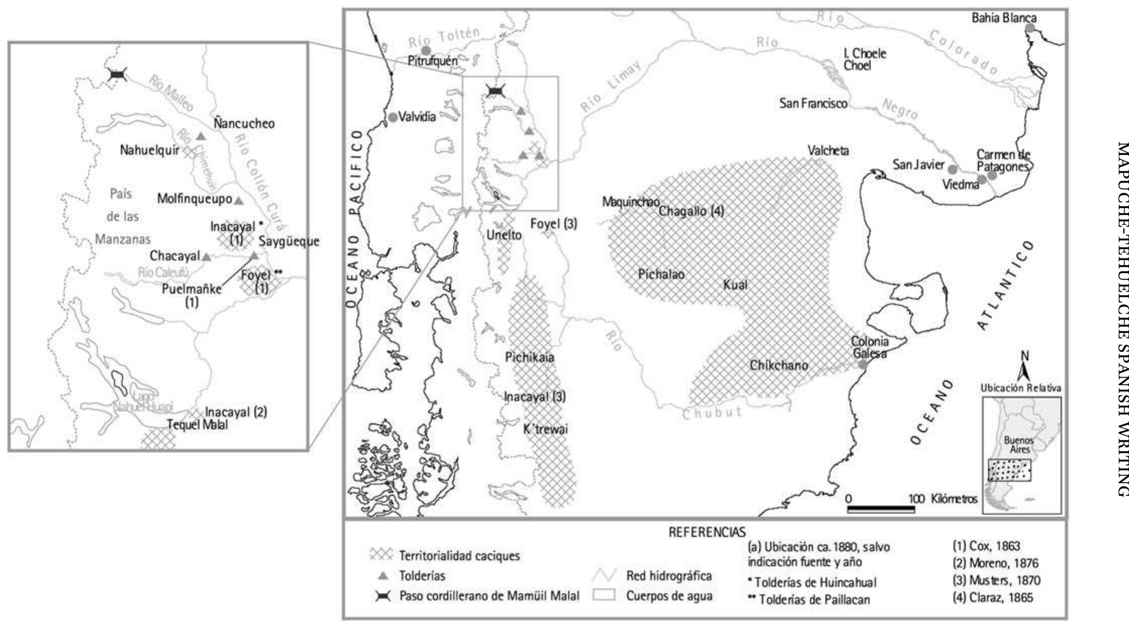 Figure 10.3 Central—North Patagonia and the Pais de las Manzanas: Caciques'’ territories and positions of tolderias (1863-1880) 
