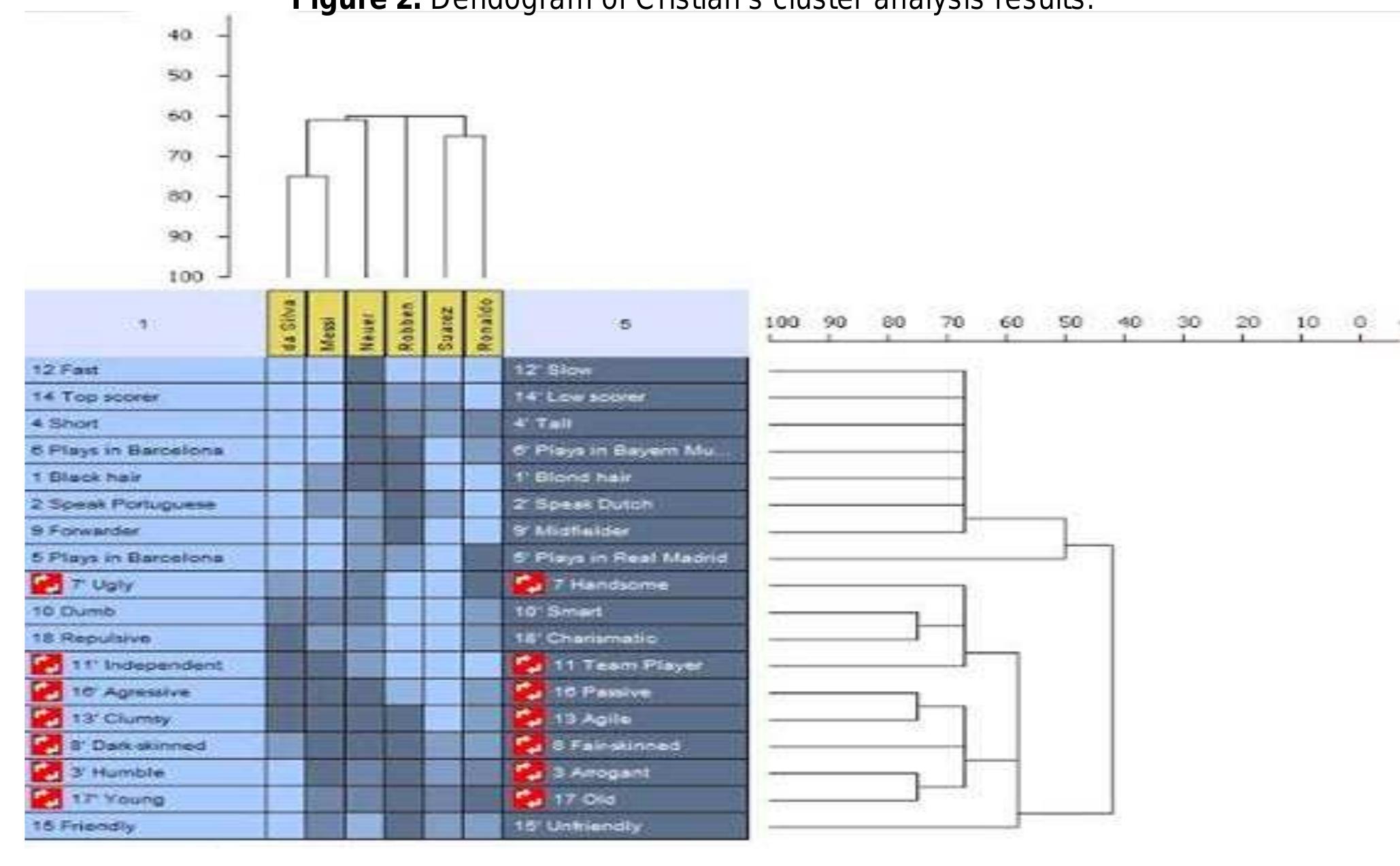 which it can be observed the clusters within the elements and constructs. Based on a calculation of the similarity matrix of elements (see Table 3), the elements with the highest similarity were Neymar and Messi, indicating that these two pair of elements are seen as very alike by Cristian; meanwhile the ones with the lowest similarity were Neymar and Robben, indicating that these two elements are perceived as very different by Cristian. In the case of the constructs, Table 4 shows the corresponding similarity matrix and displays a high percentage of agreement between the ratings of constructs like 10 (Dumb/S mart) and 18 (Repulsive/Charismatic), and a low percentage of agreement between constructs like 18 (Repulsive/Charismatic) and 15 (Friendly/Unfriendly). 
