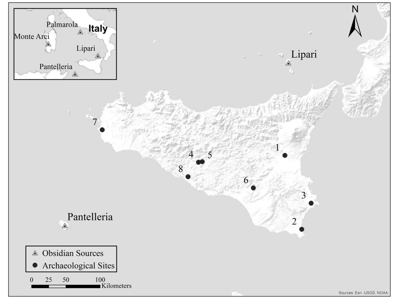 Figure 1. Map of analyzed Chalcolithic sites: 1. Contrada Orto del Conte; 2. Grotta Calafarina; 3. Grotta del Conzo; 4. Malpasso; 5. Menta; 6. Sant'lppolito; 7. Sant'Onofrio; 8. Serraferlicchio. 