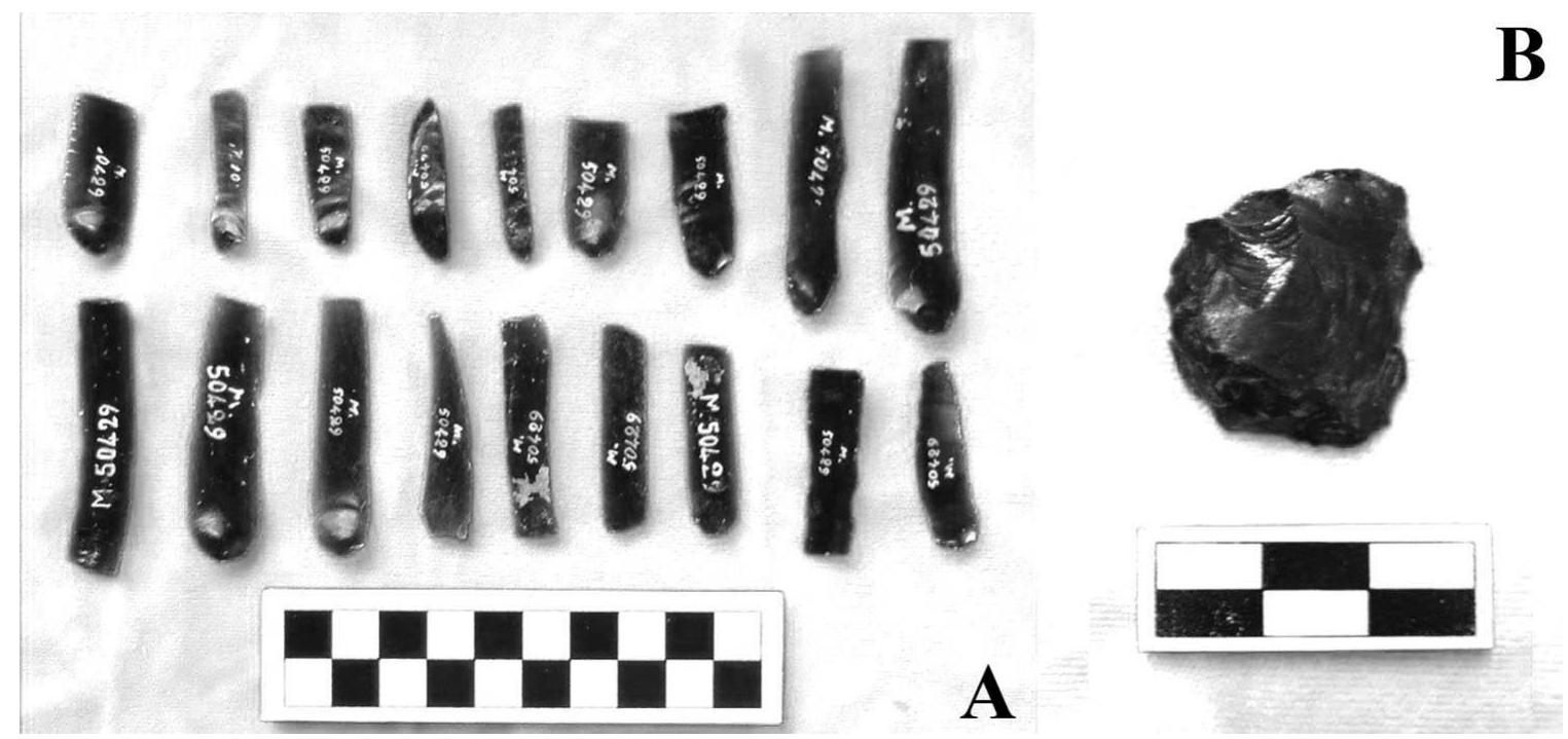 Figure 2. (a) Ventral surfaces of pressure blades from Contrada Orto del Conte; (b) transverse scraper from Sant’Onofrio. 