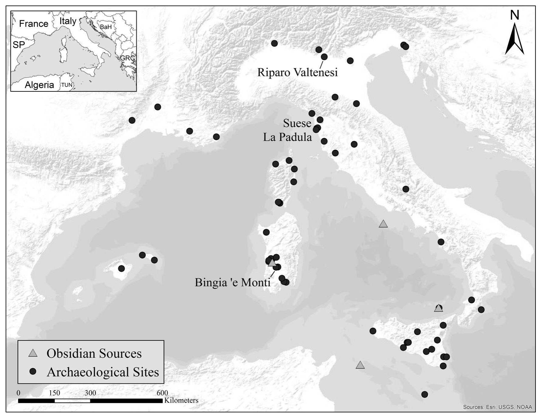 Figure 8. Chalcolithic archaeological sites with obsidian (see Freund 2014b for more details). Sites mentioned in the the text are labeled.  likely that the first stages of Lipari obsidian re  duction  occurred at the source area by local populations, with these materials being transported from Lipari to Sicily in the form of preformed cores or finished products.  However, without further evidence from Cha  Icolithic  sites on Lipari itself it is difficult to determine where exactly these blades were produced, either solely on Lipari or also at sites elsewhere on Sicily. Regardless of the locations of initial production, the finished products were likely transported from the coastal regions inland through a model of down-the-line exchange (cf. Tykot 2011) or some other form of circulation structured by village-to-village interactions (lbafez, Ortega, Campos,  Khalidi, and Méndez, 2015). The exchange of  finished  products during the Chalcolithic differs from the Neo-  lithic where the comparable prevalence of ex  hausted  cores and flakes at sites on Sicily suggests more on-site  working of pre-formed cores from Lipari (see et al. 2015).  m™ 2© 4)... fF... .. be.) 2g ck bo wk pe  Freund  tt  near the southern coast—would seem to indicate that these materials were being acquired casually by travelers boating between these islands. This is also supported by the unstructured utilization of obsidian from multiple subsources, although more data are needed to make more concrete interpretations.  the unstructured utilization of obsidian from multiple 