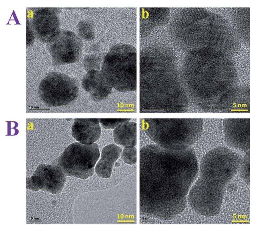 Fig. 1 TEM images of core-shell nanoparticles present in hydrogel nanocomposites of (A) P(CP—AAm)s:; (B) P(NP—AAm)sz with (a) lower magnification and (b) higher magnification.  Scheme 1 Schematic representation of a facile eco-friendly fabrication of antibacterial nanocomposite hydrogels 