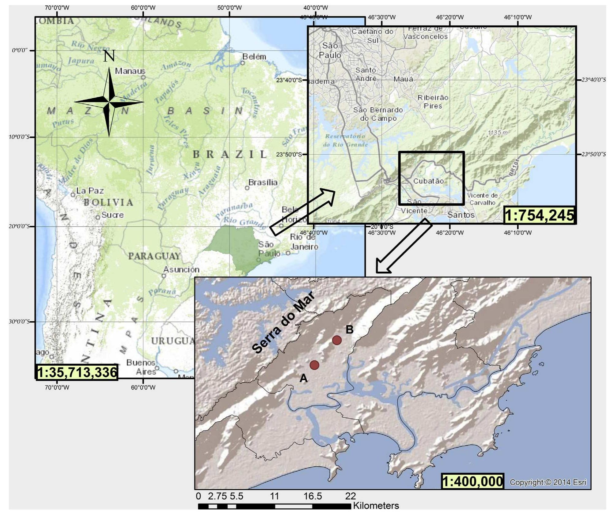 Maps of south america and brazil, cubatao city and the masp.