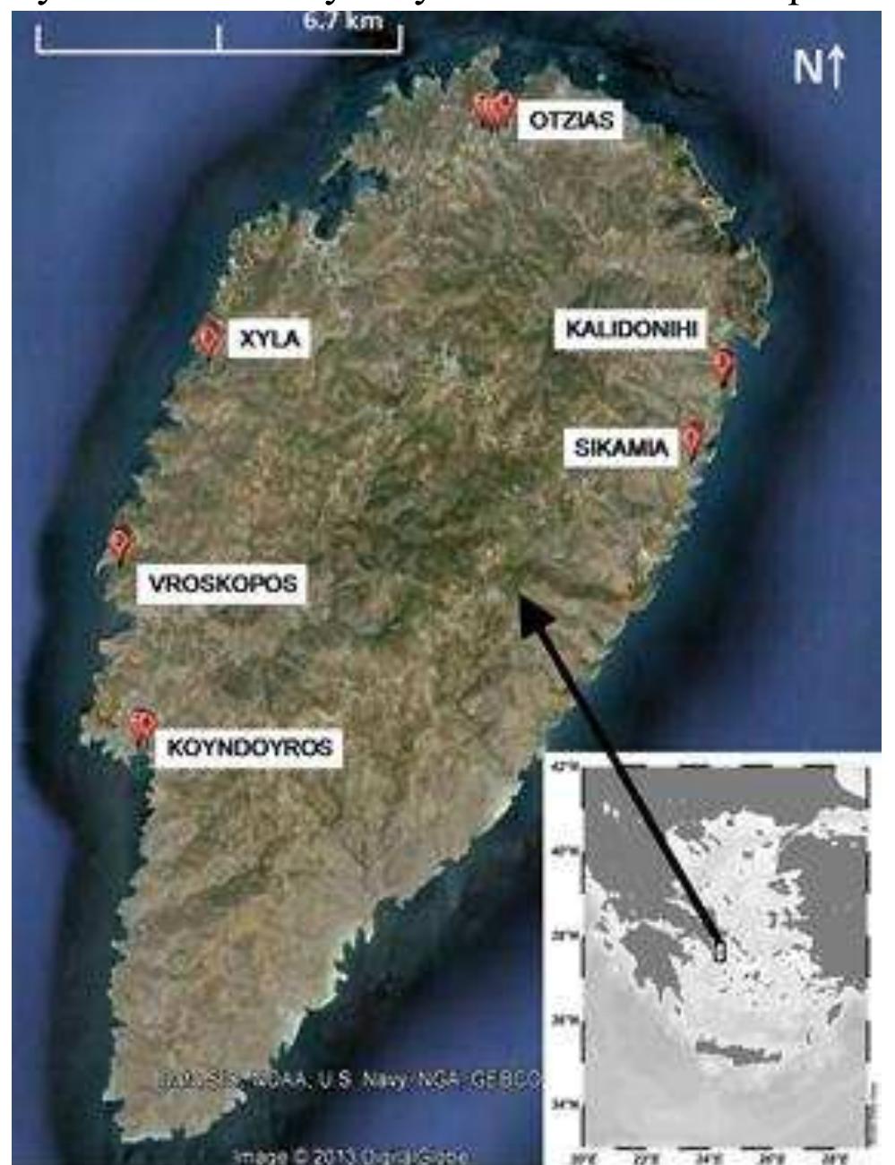 Map showing the six beaches sampled on kea island. 2.