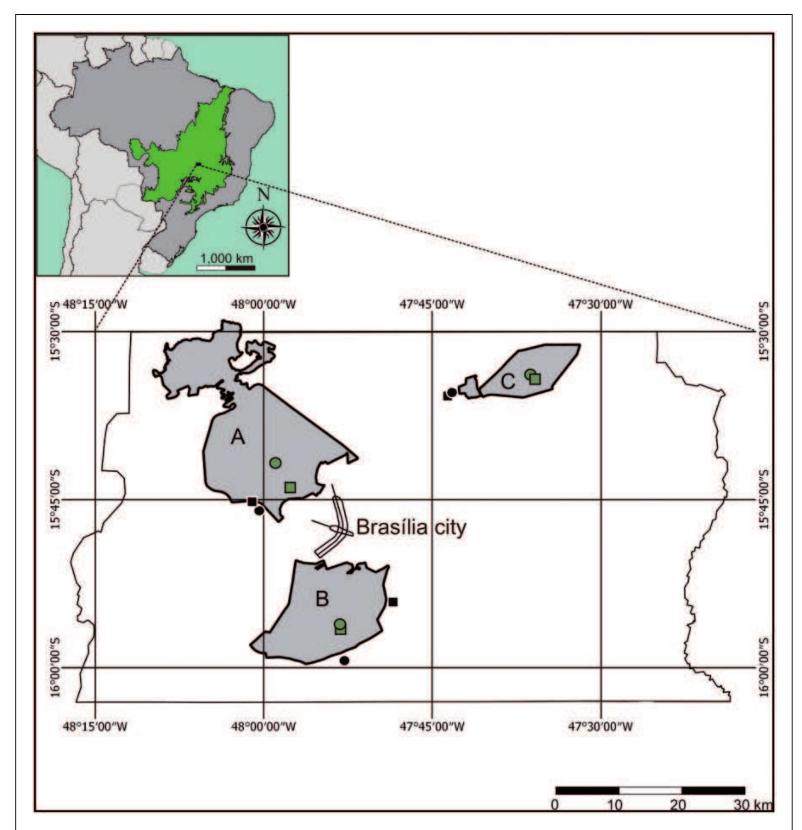 Figure |. Map showing sites located inside (green symbols) and outside (black symbols) protected areas in the Brazilian savanna (Cerrado; green area showed in the Brazil map) where bat assemblages were sampled. A = Brasilia National Park; B = Ecological Reserve of the Brazilian Institute of Geography and Statistics; C = Ecological Station of Aguas Emendadas. Squares represent sites constituted of  cerrado sensu stricto and circles represent sites constituted of gallery forests. 