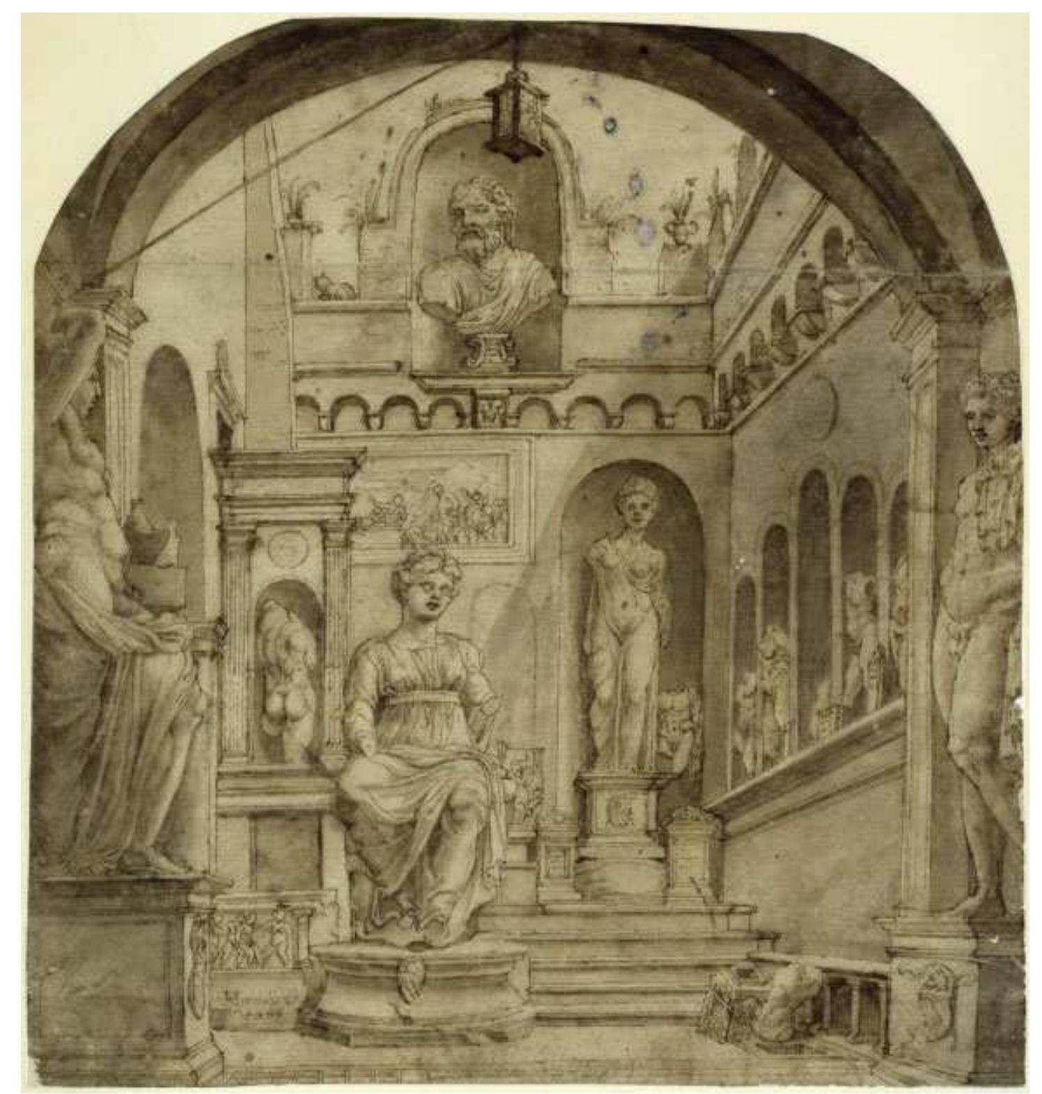 Figure 3.2. Anonymous (after Maarten van Heemskerck?), Courtyard of the Casa Sassi, circa 1530s. Pen and brown ink, brown wash, 23 X 21.5 cm. Inv Kdz 2783. Kupferstichkabinett, Staatliche Museen, Berlin, Germany. © Bildarchiv Preussischer Kulturbesitz, Berlin/Credit: Joerg P. Anders/Art Resource, NY. 