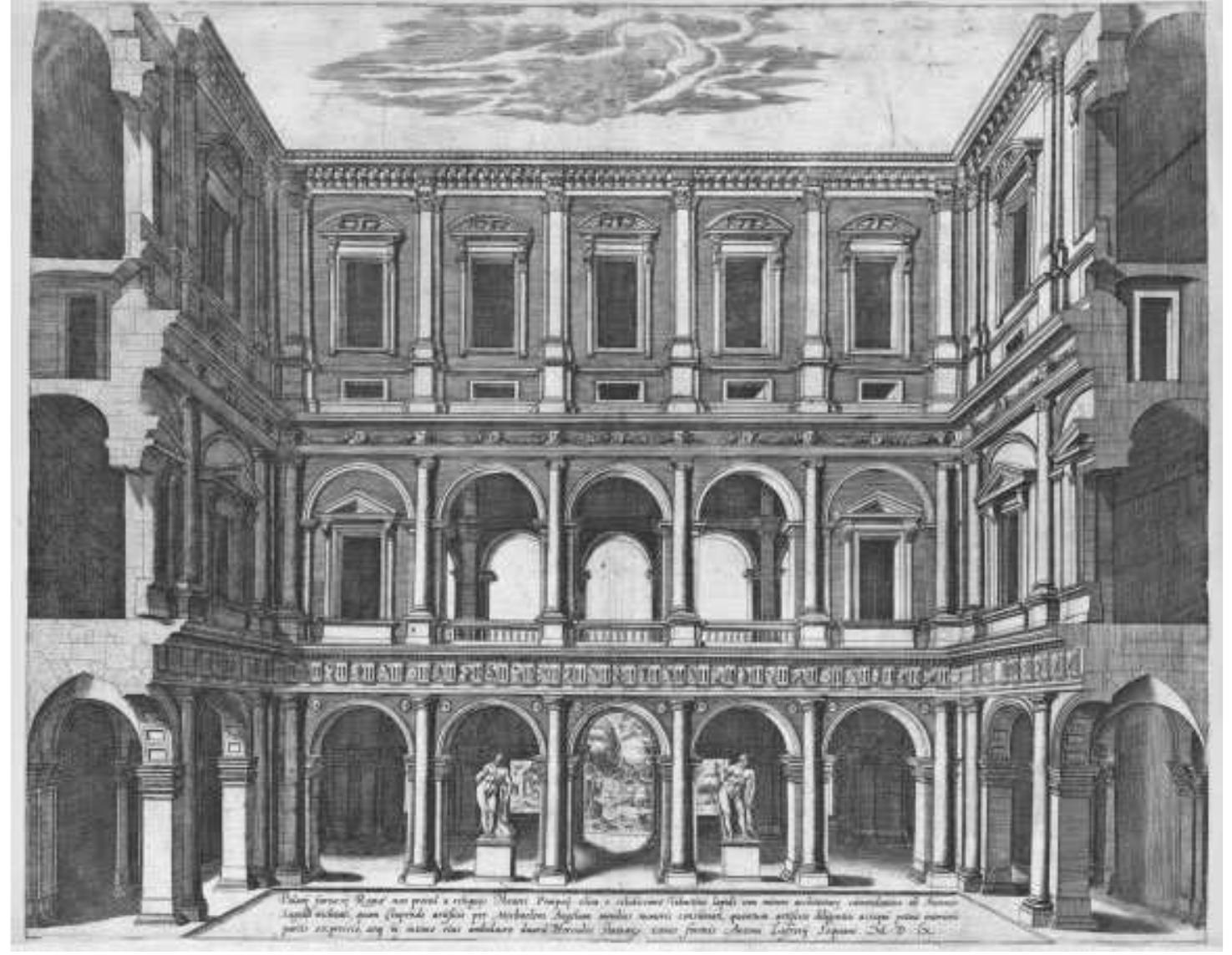 Architecture and Antique Sculpture in Early Modern Rome 11  intention to overwhelm the viewer by personifying the imperial grandeur of pal- ace and patron seems clear enough. Yet other possibilities of meaning were opened up by the combination of massive architectural and sculptural forms. The display of the Leaning Hercules is suggestive of a narrative opposition between the god, who is so exhausted from his labors that he can only lean limply on his club, and the piers, which seem to lift the cortile’s massive arches without effort. The palace’s robust architecture shows off its super-Herculean strength, proving itself ill suited for the integration of delicate marble or stucco reliefs. Only colossal antique statues can attempt to rival its grandeur. 