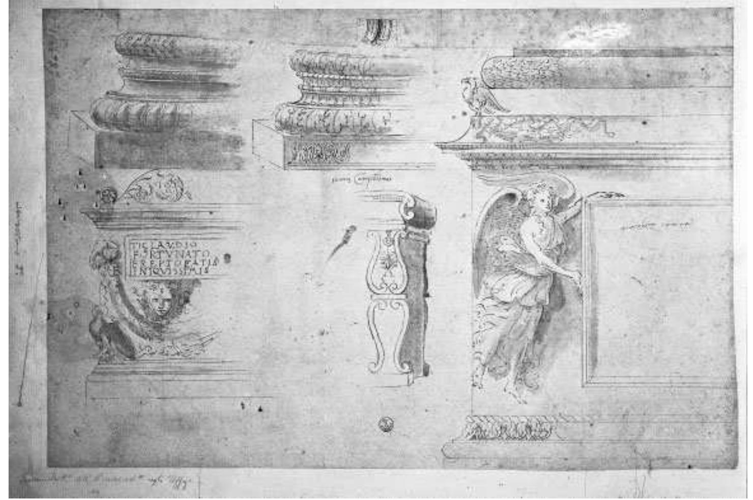 Figure 3.6 Anonymous, Bases of the temples of Mars Ultor and Concord, altar, and detail of a throne in the collection of the Ciampolini (left half), base of the column of Trajan (right half), circa 1510. Florence, Uffizi A 4337’. © Soprintendenza Speciale per il Polo Museale Fiorentino, Gabinetto Fotografico. By permission of Ministero dei beni e delle attivita culturali e del turismo.  Architecture and Antique Sculpture in Early Modern Rome 13 