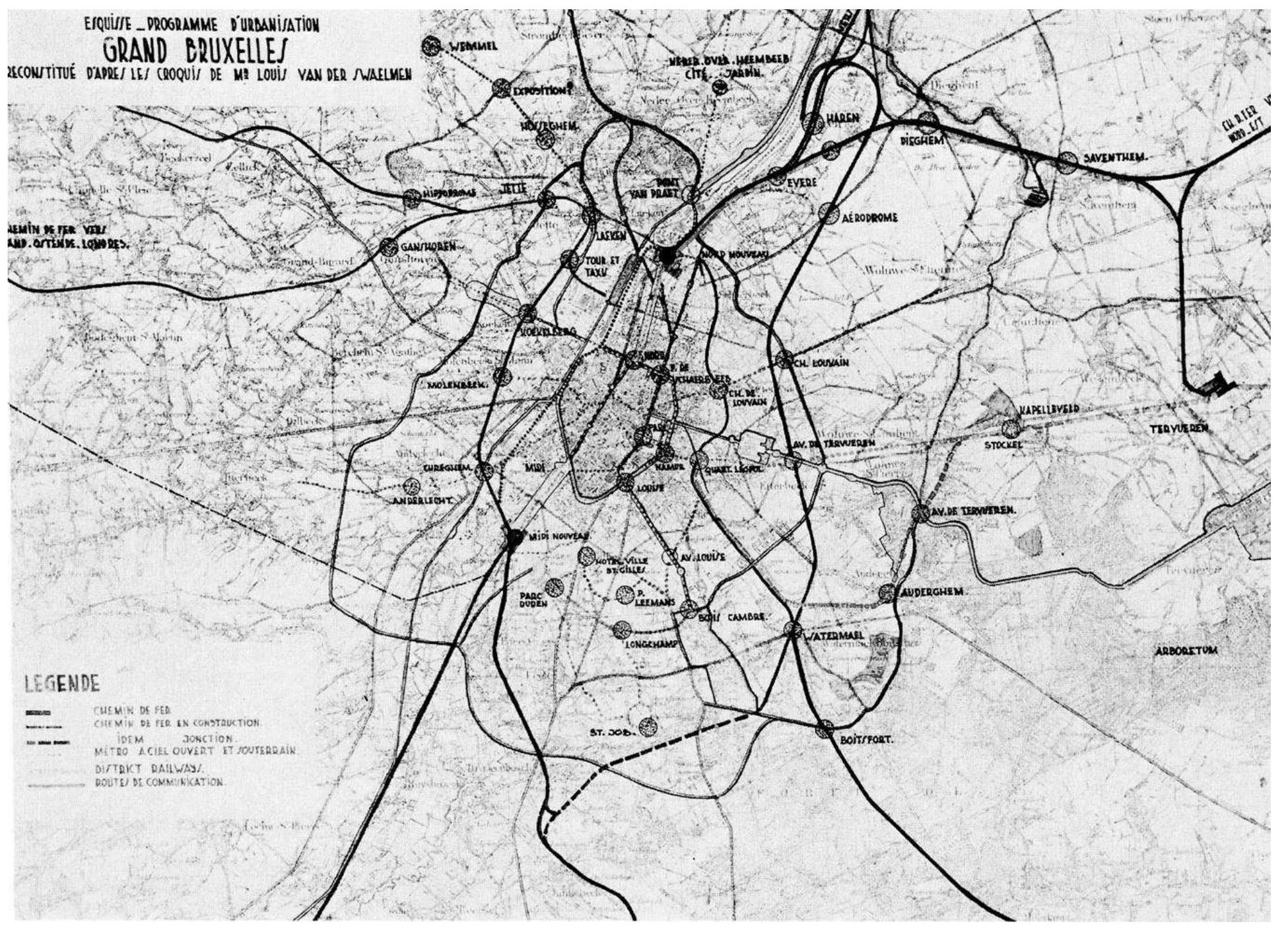 FIGURE 4: Stynen, H. 1979. Stedebouw en gemeenschap: Louis Van der Swaelmen (1883-1929), bezieler van de moderne beweging ir Belgié, Bruxelles, Mardaga  From the 1920s onwards, Van d  er Swaelmen became active as a designer of a number of garden  cities.” The programme d’urbanisation for the Brussels region was a clear expression of his earlier  visions on urbanization (Figure  garden cities around the Brusse  4). He proposed to expand the city by implementing a ring of s core, by which the city would grow in an ‘organic’ way.”* The  garden cities of the 1920s came into being in a sociopolitical context that picked the fruits of  the rising power of Emile Vand (rental) housing companies was  ervelde and his colleagues. The umbrella organization of social lead by socialist senator Emile Vinck, as an attempt to evacuate  workers’ housing from the sphere of capitalist speculation, and in this context urban planning 