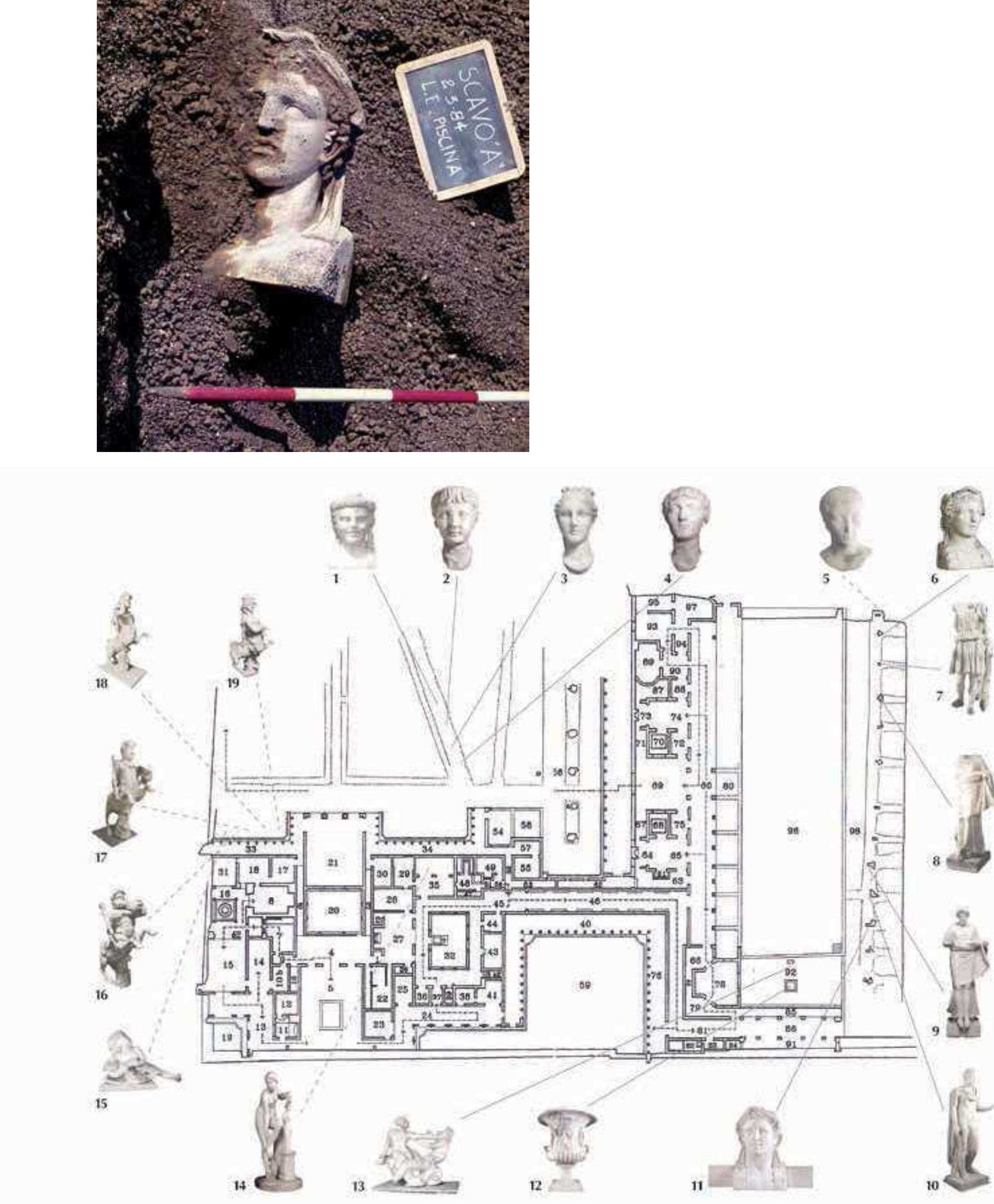 Fig. 13.1: Archival photo of excavation of head of Hercules (cat. no. 35). Photo: SAP.  Fig. 13.2: Plan of locations of sculptures found in Villa A. Plan: Steven Driscoll Hixson after Victoria I and Bettina Bergmann. 