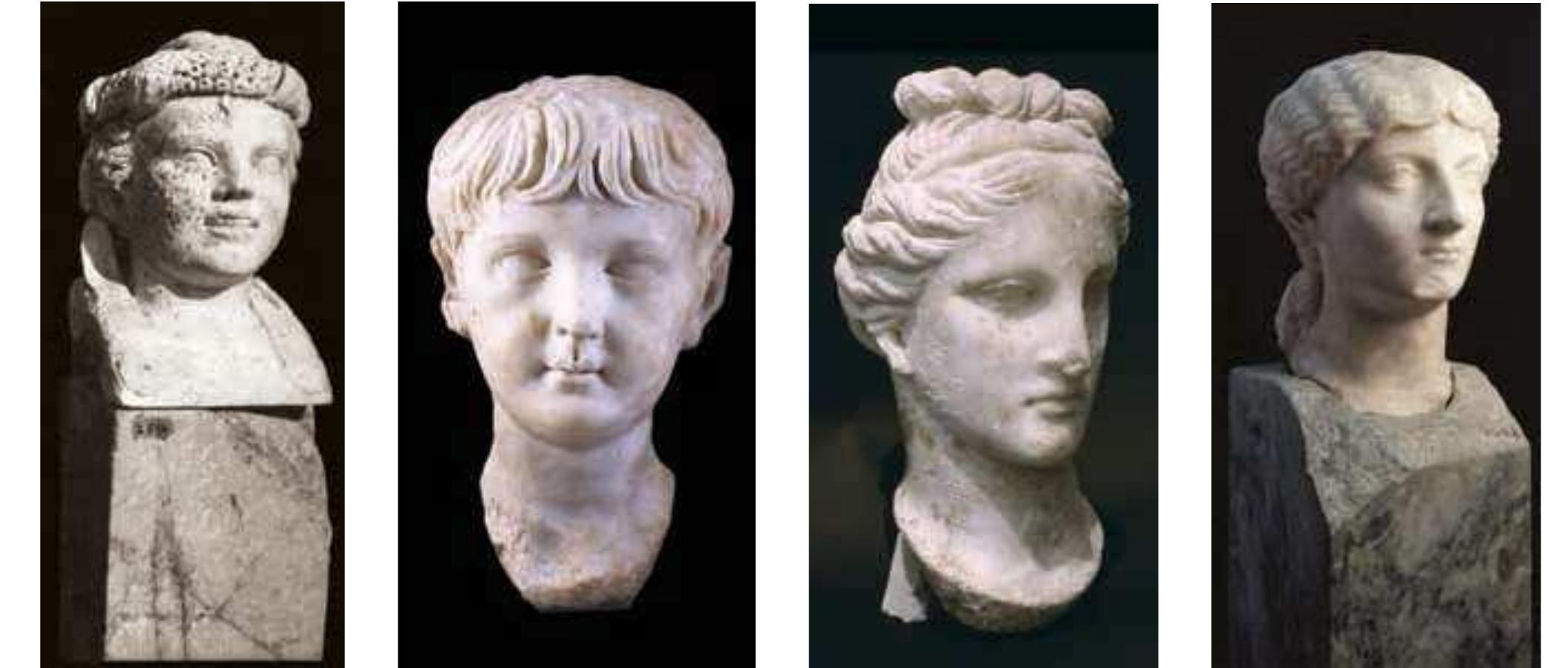 Fig. 13.14: Head of child Dionysus/Bacchus. Photo: SAP. Fig. 13.15: Portrait of Julio-Claudian boy (cat. no. 38). Photo: SAP. Fig. 13.16: Head of Aphrodite/Venus (cat. no. 34). Photo: Eric M. Moormann. Fig. 13.17: Portrait of Julio-Claudian woman (cat. no. 37). Photo: SAP.  reason to be concerned about the appropriateness of their sculptural displays. At the same time such displays were central to the life of cultivated leisure (ofium) in the villas of the Roman educated elite. They were intended to encourage viewers to consider the meaning of the images both individually and in relation to one another.” In both the north garden and the east garden of Villa A  the images on display would have been open to multiple  interpretations. In pondering the various possibilities, in- formed viewers would have drawn upon their knowledge of gods, mythical athletes, heroes, and personifications of virtues and values. In the north garden they would also have considered Greek and Roman traditions of exhibit- ing portraits of ancestors and other worthy individuals. 