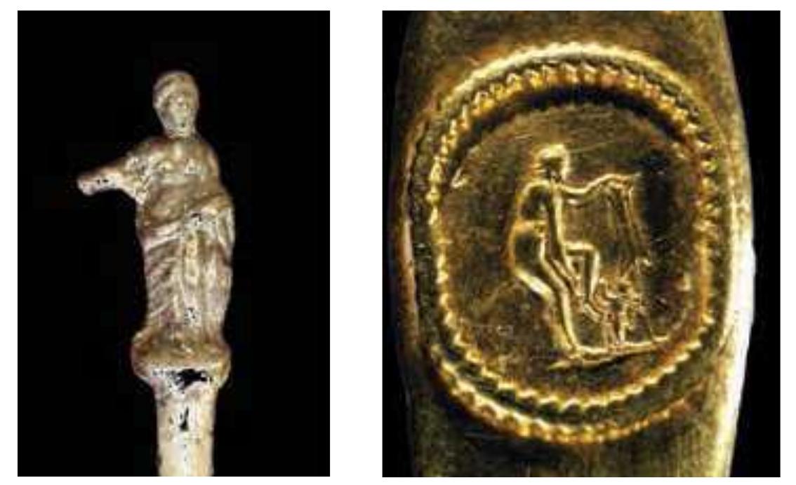 Fig. 13.24: Details of silver hairpin (cat. no. 173) and gold bracelet (cat. no. 178) decorated with Venus. Photo: Kelsey Museum.  Fig. 13.22: Stucco molding in cubiculum zz. Photo: Elaine K. Gazda. 