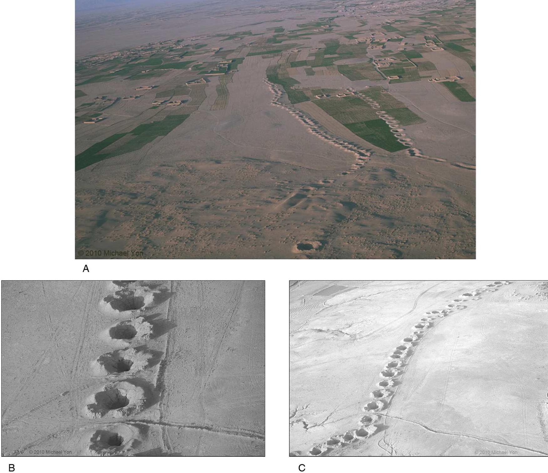 Fig. 1. (A) A photograph showing typical karezes in southern Afghanistan; (B and C) Photographs showing details of karezes and their maintenance shafts (image credits: Michael Yon 2010). 