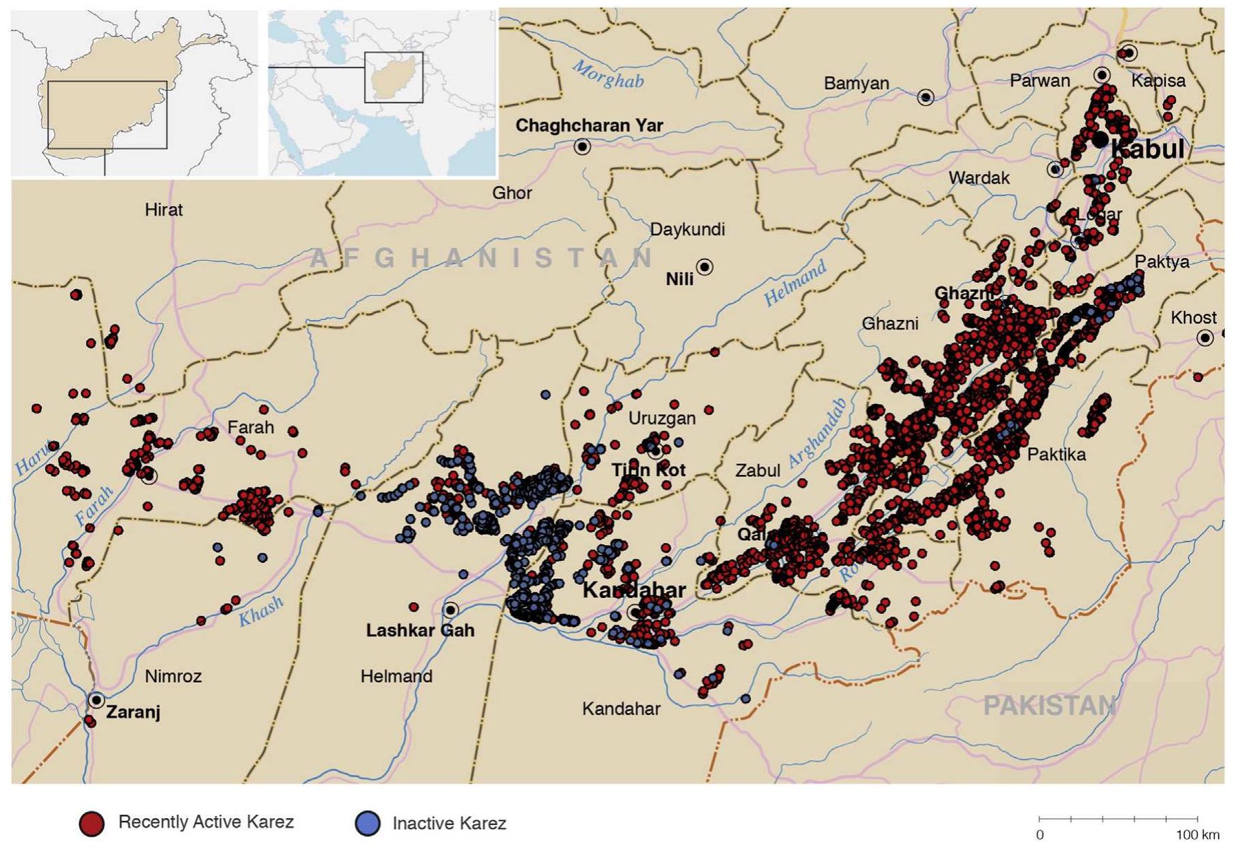 Fig. 3. Study area and project map. Showing recently active and inactive karezes as well as traces of the oldest karezes in central and southern Afghanistan. Red dots = active; blue dots = inactive (image credit: Naglak and Stinson. Background, boundary lines and features from United Nations Map No. 3958 Rev. 6). (For interpretation of the references to colour in this figure legend, the reader is referred to the web version of this article.) 