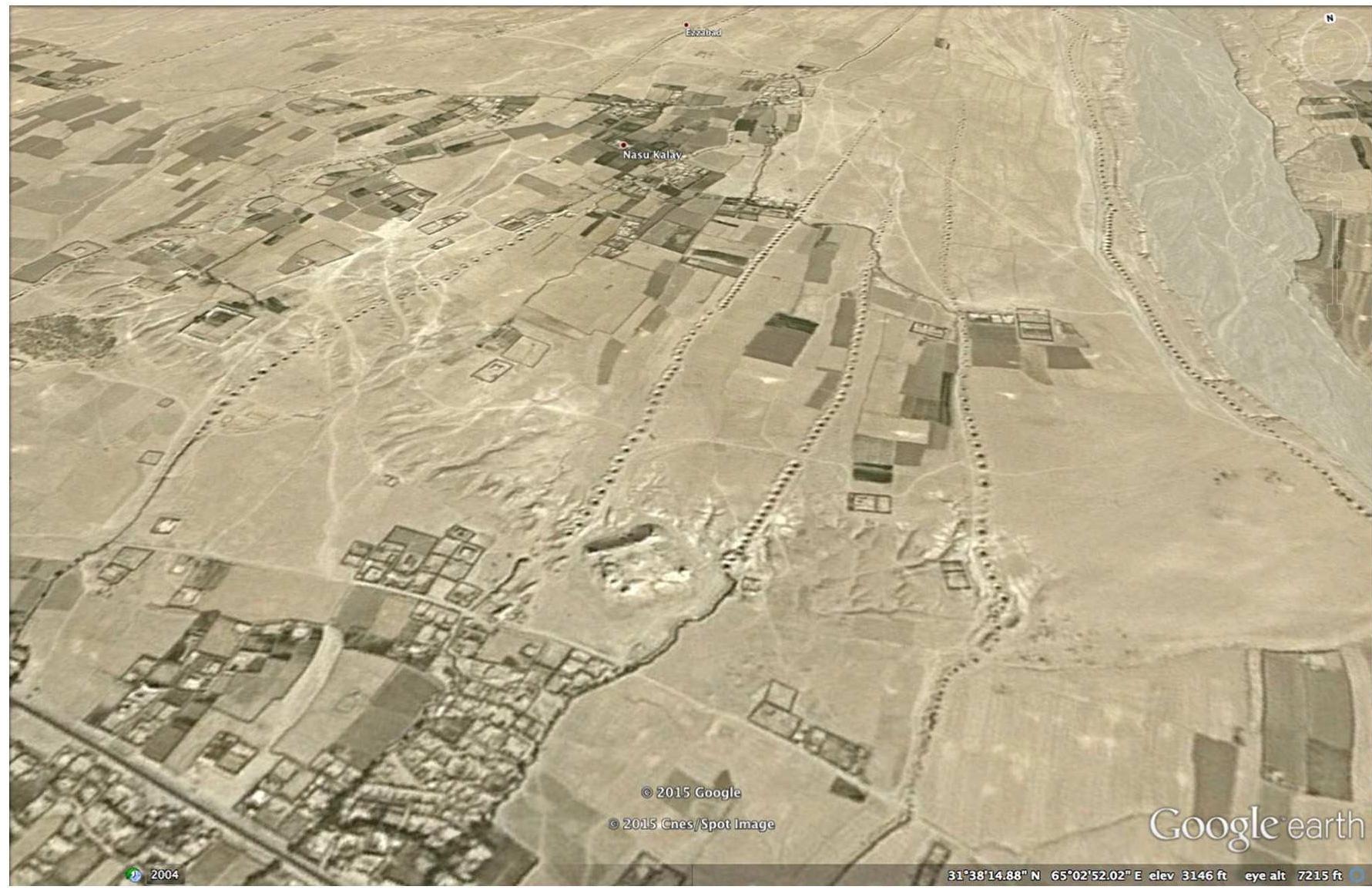 In 1967-1968, the government of Afghanistan undertook an agricul- tural survey that included recording irrigation systems (Balland, 1992b: 100-101; Anderson, 1993: 4-1, with Table 4.2). Total numbers of streams and canals, springs, karezes, and so-called “Persian wells”  Fig. 4. Birds-eye view in Google Earth looking north. Showing a group of karezes and settlements in western Kandahar, with Highway 1 at lower left (map data: Google, Digital Globe).  have significant implications for international peace and security when disruptions of traditional strategies contribute to injustice and inequal- ity as perceived from multiple cultural perspectives (de Planhol, 2011c; Hanasz, 2011; Mack et al., 2013; Shroder and Ahmadzai, 2016). 