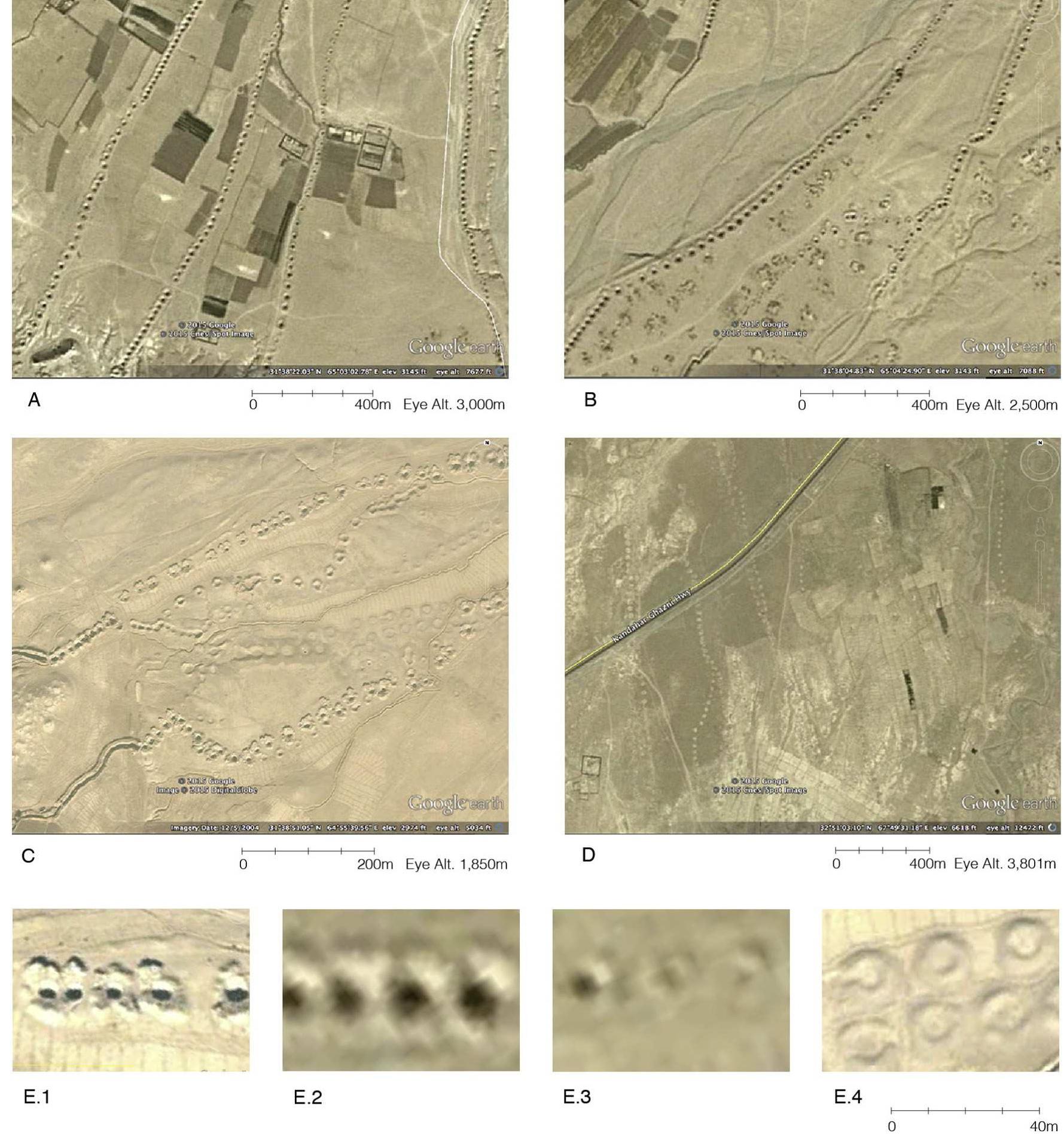 Fig. 5. Indicators in satellite imagery of active vs. inactive karezes. (A and B) Active karezes, western Kandahar; (C) active as well as older inactive karezes, western Kandahar; (D) traces of inactive karezes along Highway 1, Ghazni; (E.1 and E.2) maintenance shafts of karezes, as indicated by clearly defined “dots” and “rings”; (E.3) less dark “dots” and less defined “rings,”  indicating partially filled in maintenance shafts and lack of recent maintenance activity; (E.4) filled maintenance shafts, indicating utter abandonment (Image credit: Stinson. Map data: Google, Digital Globe).  country typically do not require irrigation because of adequate rainfall during the growing season, and in several other respects are not condu- cive to the use of karezes as a water supply method. A shorter type of karez, however, is sometimes used in the higher elevations of the coun- try (Rout, 2008, 33). Of Afghanistan's 34 current administrative prov- inces, 17 are located inside the study area: Farah, Nimroz, Helmand, Kandahar, Oruzgan, Ghazni, Zabul, Wardak, Parwan, Paktika, Kabul, Logar, Paktya, Khost, Kapisa, Laghman, and Nangarhar. The boundaries of the study area include the Paropamisus mountain range to the north (western branches of the Hindu Kush), the desert regions of the Naomid Plain to the west and the Rigestan to the south, and the border with Pakistan to the east. The climate of the study area is semi-arid to arid, and protracted droughts are common in Afghanistan (ESCAP, 2012: 11-12; Shroder and Ahmadzai, 2016: 136-139). This region is largely desolate; agricultural cultivation and farming mainly occur on alluvial fans along river valleys.  The study area comprises much of central and southern Afghanistan, where the highest densities of karezes in Afghanistan exist (Fig. 3). The total area is approximately 300,000 km2. The northern highlands of the 