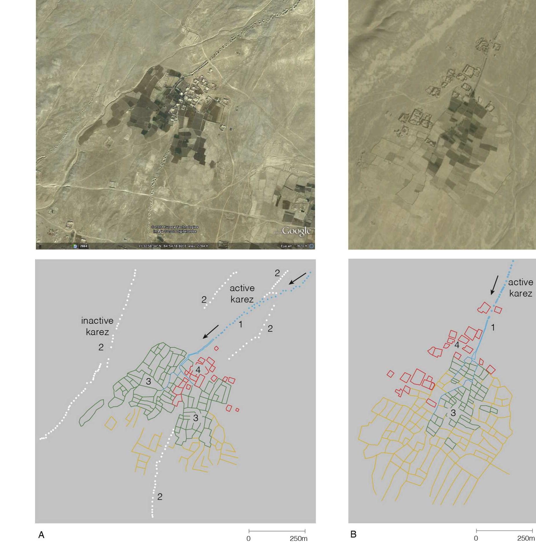 Fig. 6. Settlements in Helmand with active karezes. (A and B) satellite images, above; vectorized diagrammatic plans, below. Key: (1, light blue) active karezes; (2, white) inactive karezes; (3, green) plots; and (4, red) structures and walled compounds (image credit: Stinson. Map data: Google, Digital Globe). (For interpretation of the references to colour in this figure legend, the reader is referred to the web version of this article.)  Because of our project's funding from the US Army Research Office, we were given limited access to high resolution remote sensing data for our study area. Eventually though we chose to use Google Earth for all data gathering, because the platform offers a data set that is available to the public. The quality of the Google Earth imagery for the purposes of our project was acceptable to good; it was clear and generally free of cloud cover (Fig. 4). At the time of writing this article, the resolution of the best quality imagery seemed within the range of 0.5 to 1 m (Goo- gle Earth does not disclose or publish this information). Others have demonstrated that DEM data derived from Google Earth correlates 
